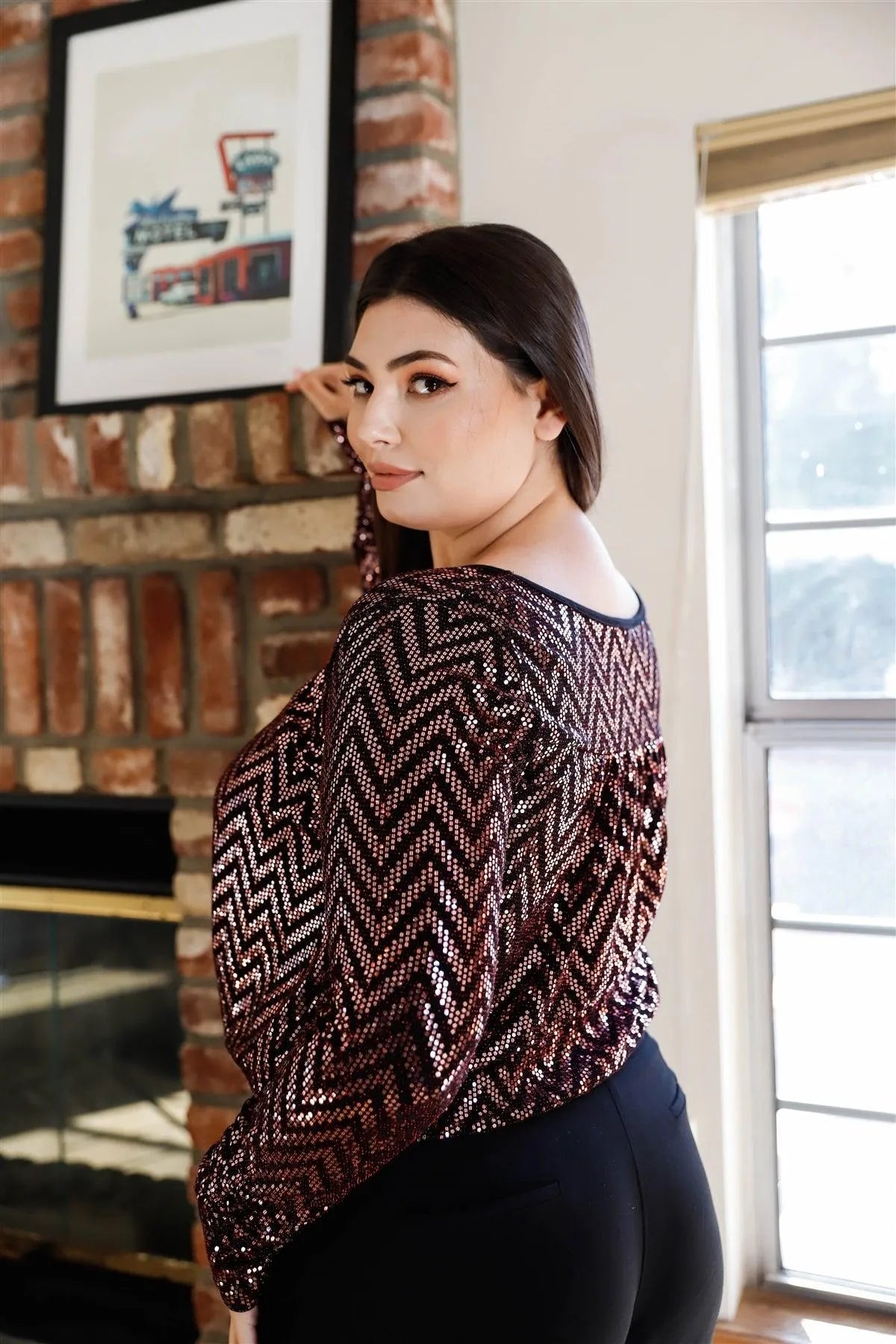 Plus Size Sequin Print Front Cut-Out Ruched Sleeve Bodysuit - Tasha Apparel Wholesale