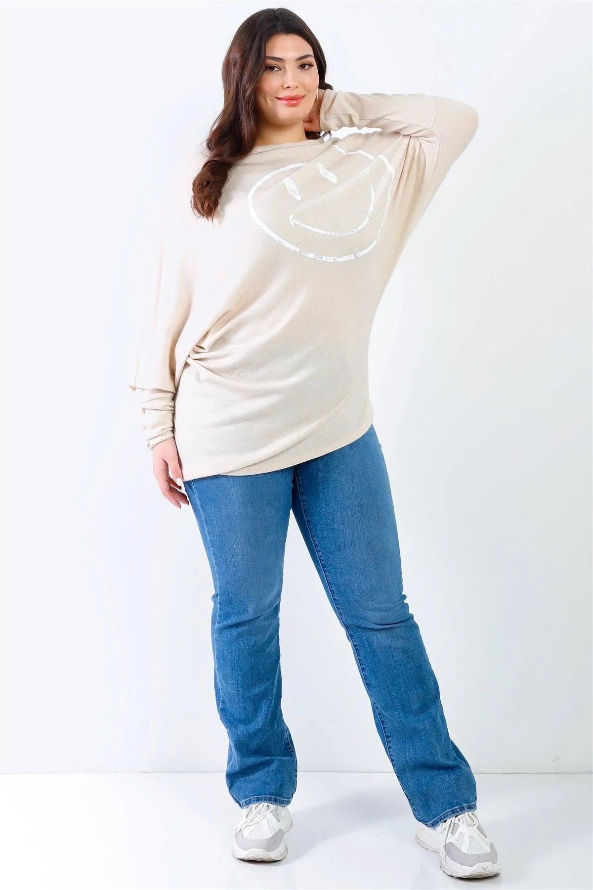 Plus Size Smile Print Flannel Dolman Sleeve Top /2-2-2 - Tasha Apparel Wholesale