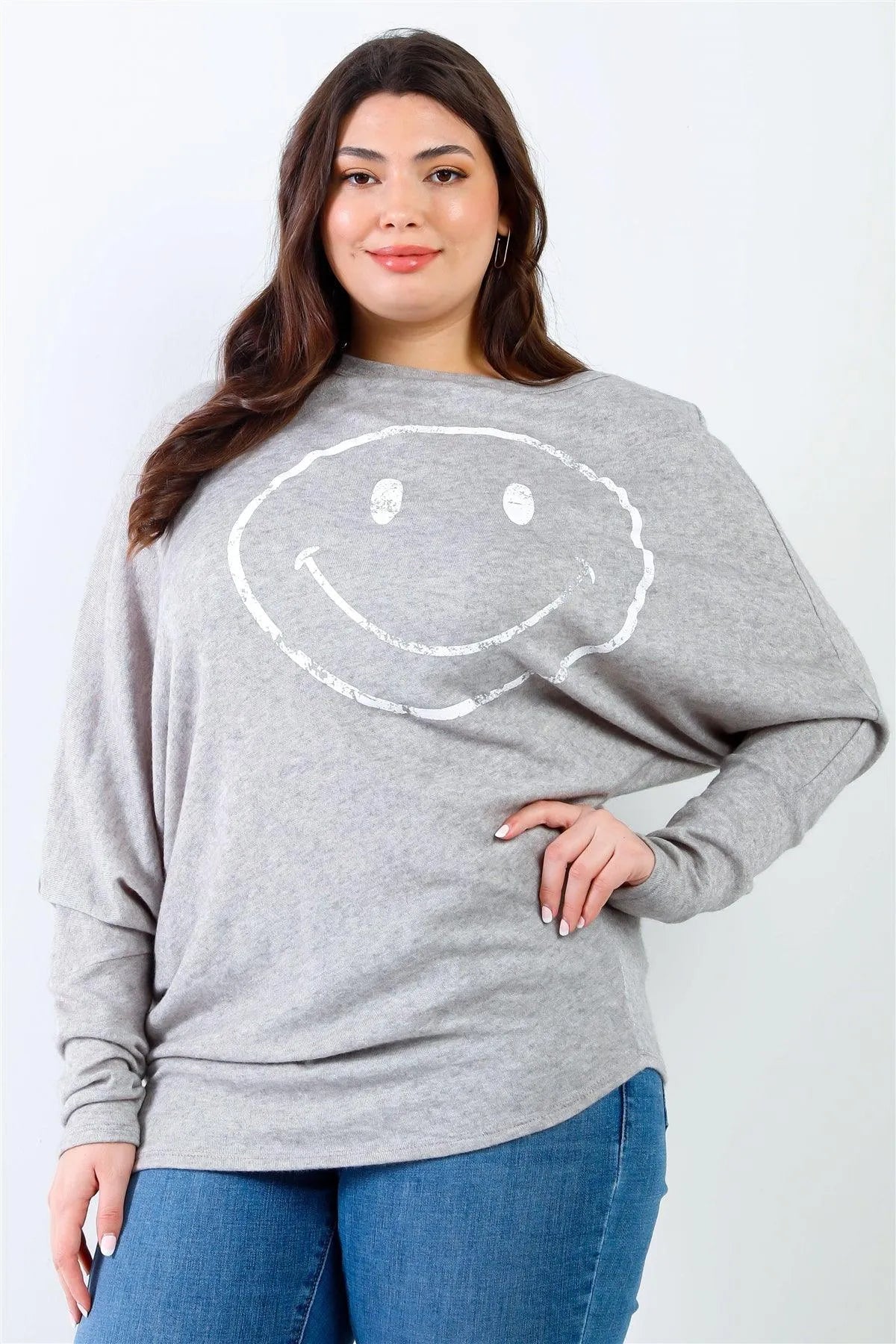 Junior Plus Grey Smile Front Print Flannel Dolman Sleeve Top /2-2-2 - Tasha Apparel Wholesale