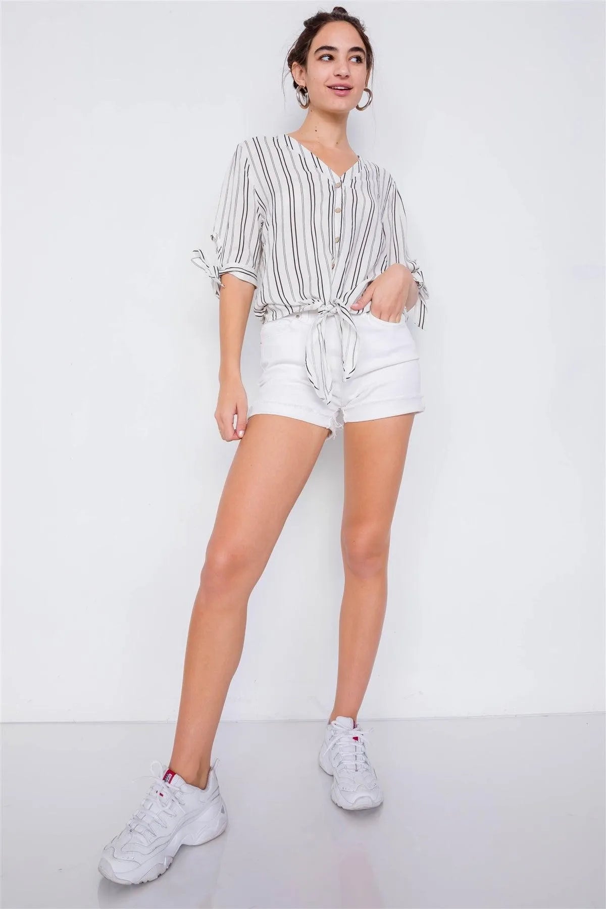 Black & White Stripe 3/4 Sleeve Tie Cuff Office Chic Blouse /3-1-2 - Tasha Apparel Wholesale