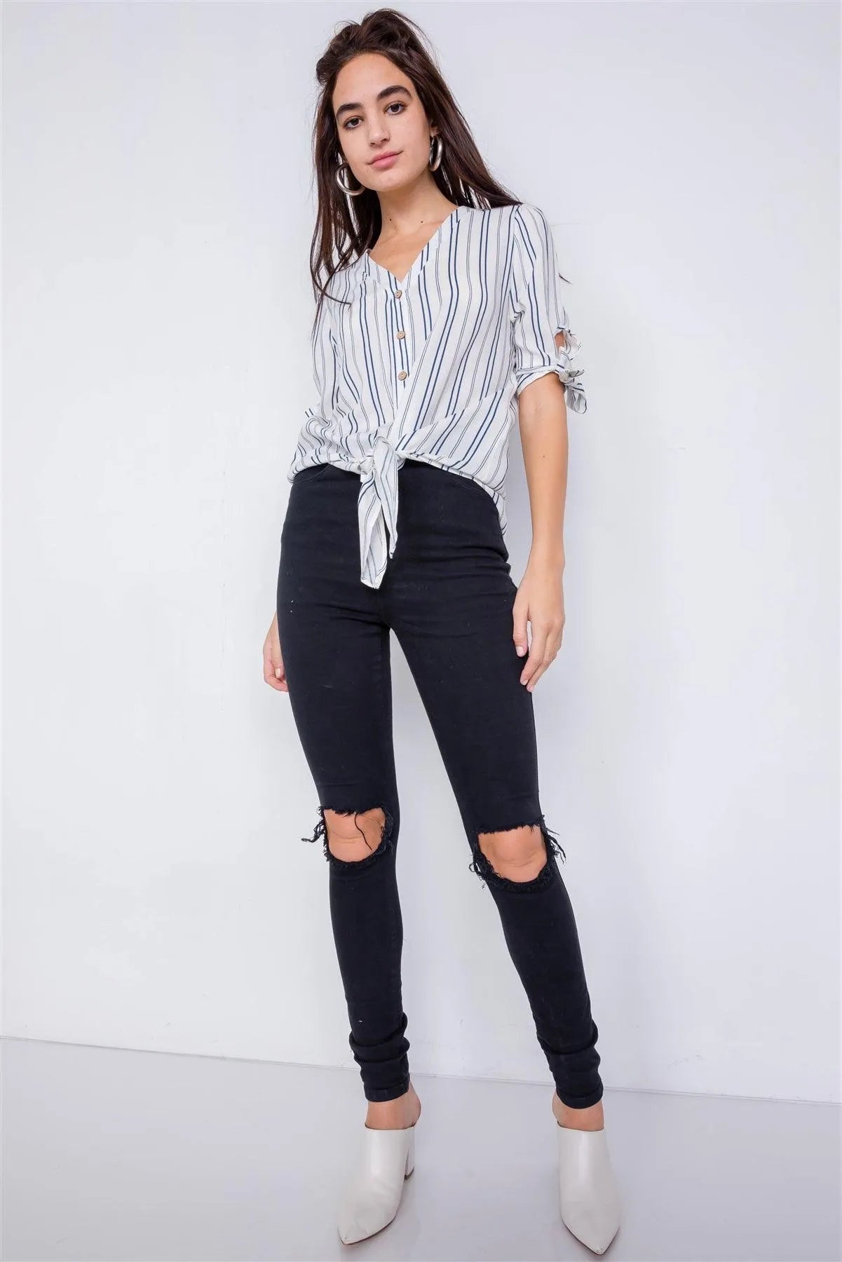 Navy & White Stripe 3/4 Sleeve Tie Cuff Office Chic Blouse /3-3 - Tasha Apparel Wholesale