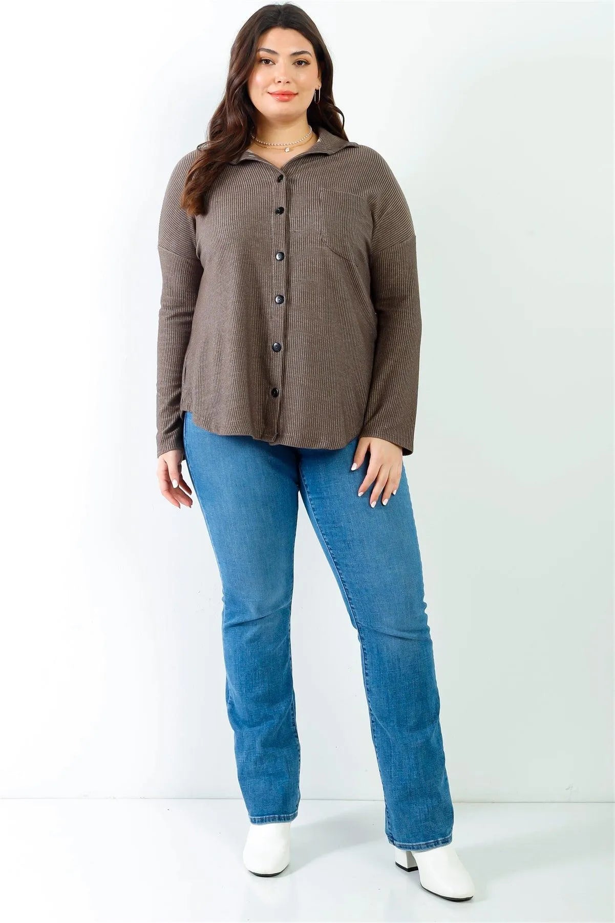 Junior Plus Mocha Ribbed Collared Button Up Shirt Top /2-2-2 - Tasha Apparel Wholesale