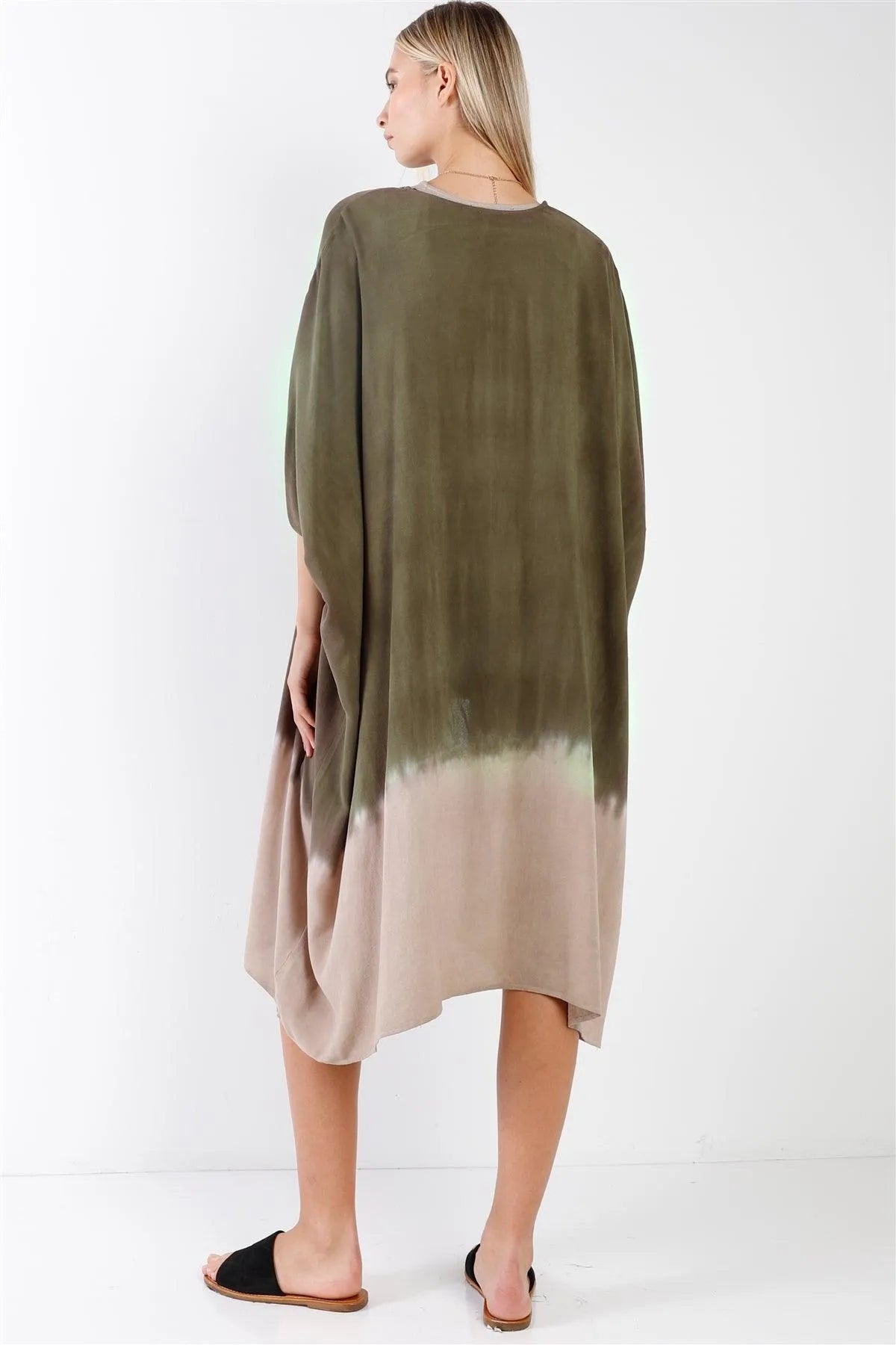 Olive & Taupe Tie-Dye Gradient Open Front Oversized Midi Kimono/Cover Up /1-1-2 - Tasha Apparel Wholesale