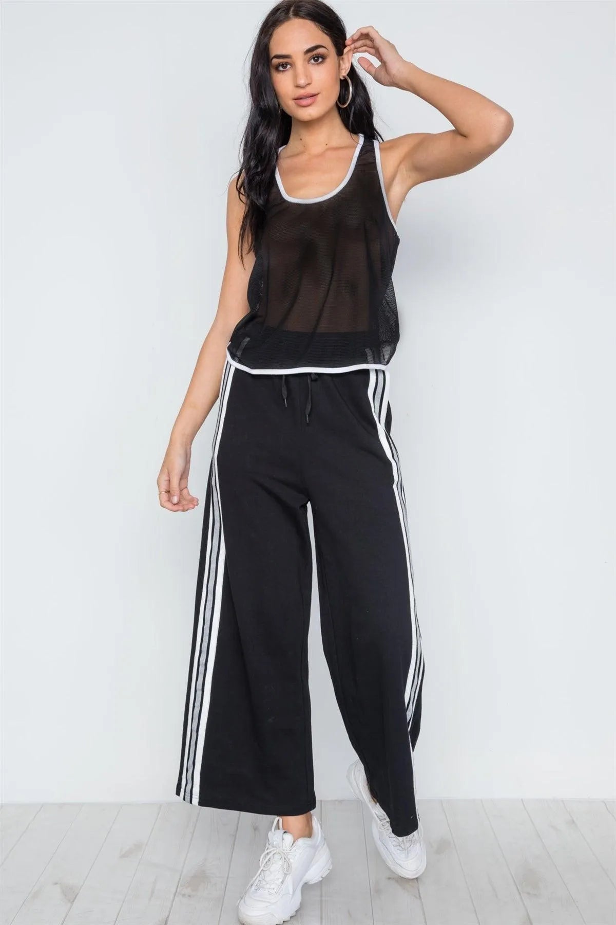 Black Contrast Trim Net Recerback Tank Top /1-2-1 - Tasha Apparel Wholesale