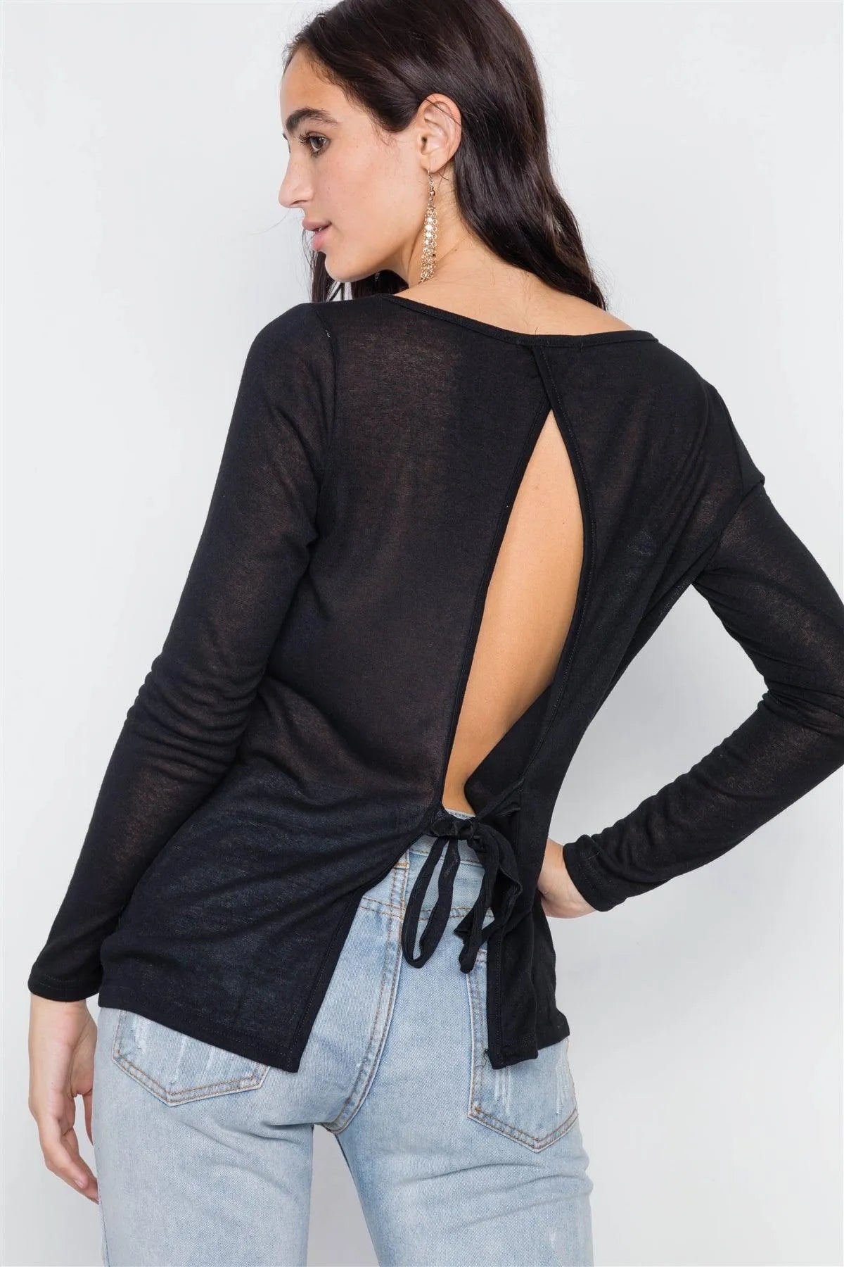 Black Sheer Open Back Tie Long Sleeve Top /3-2-1 - Tasha Apparel Wholesale