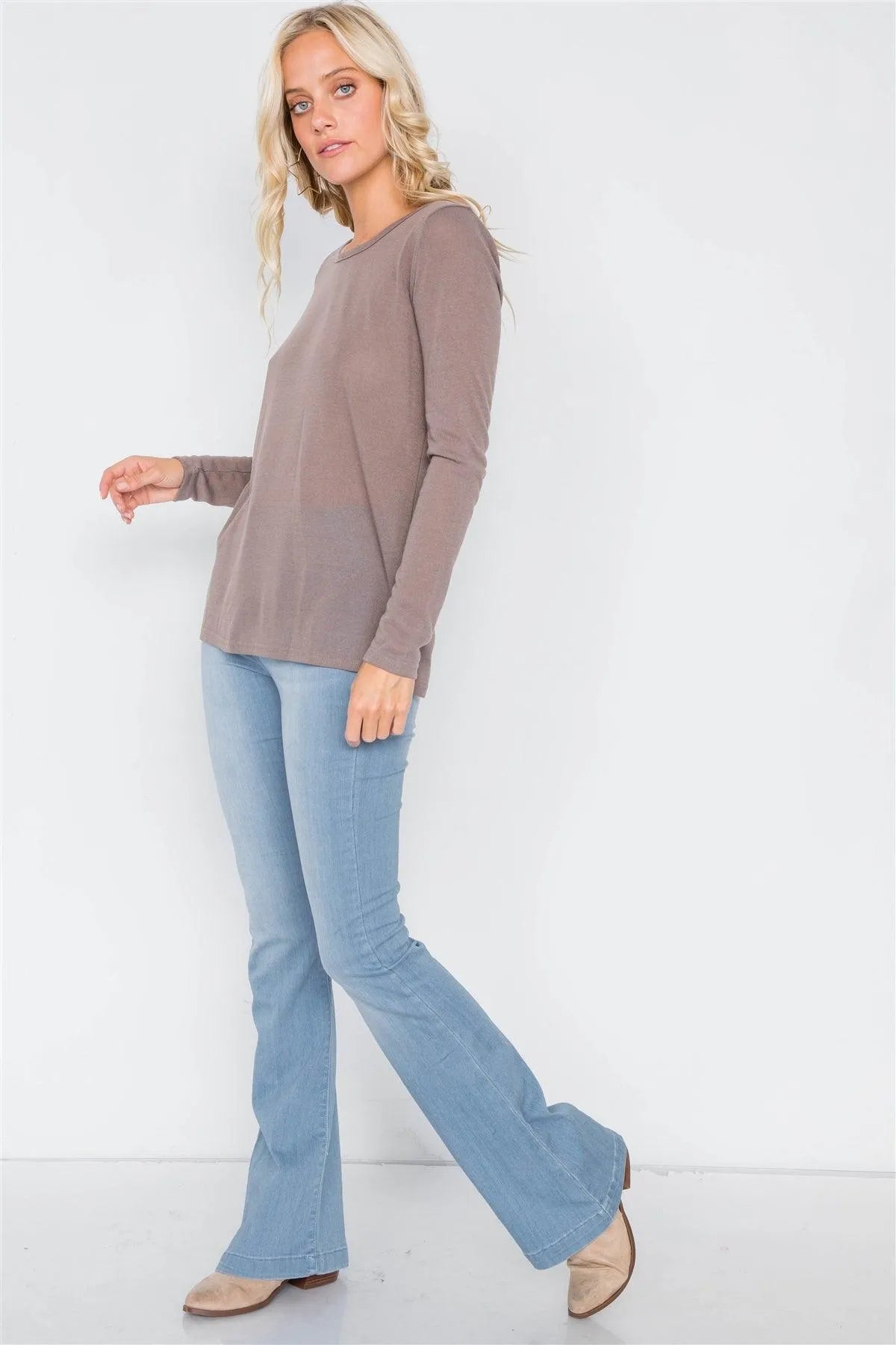 Cocoa Sheer Open Back Tie Long Sleeve Top /3-2-1 - Tasha Apparel Wholesale