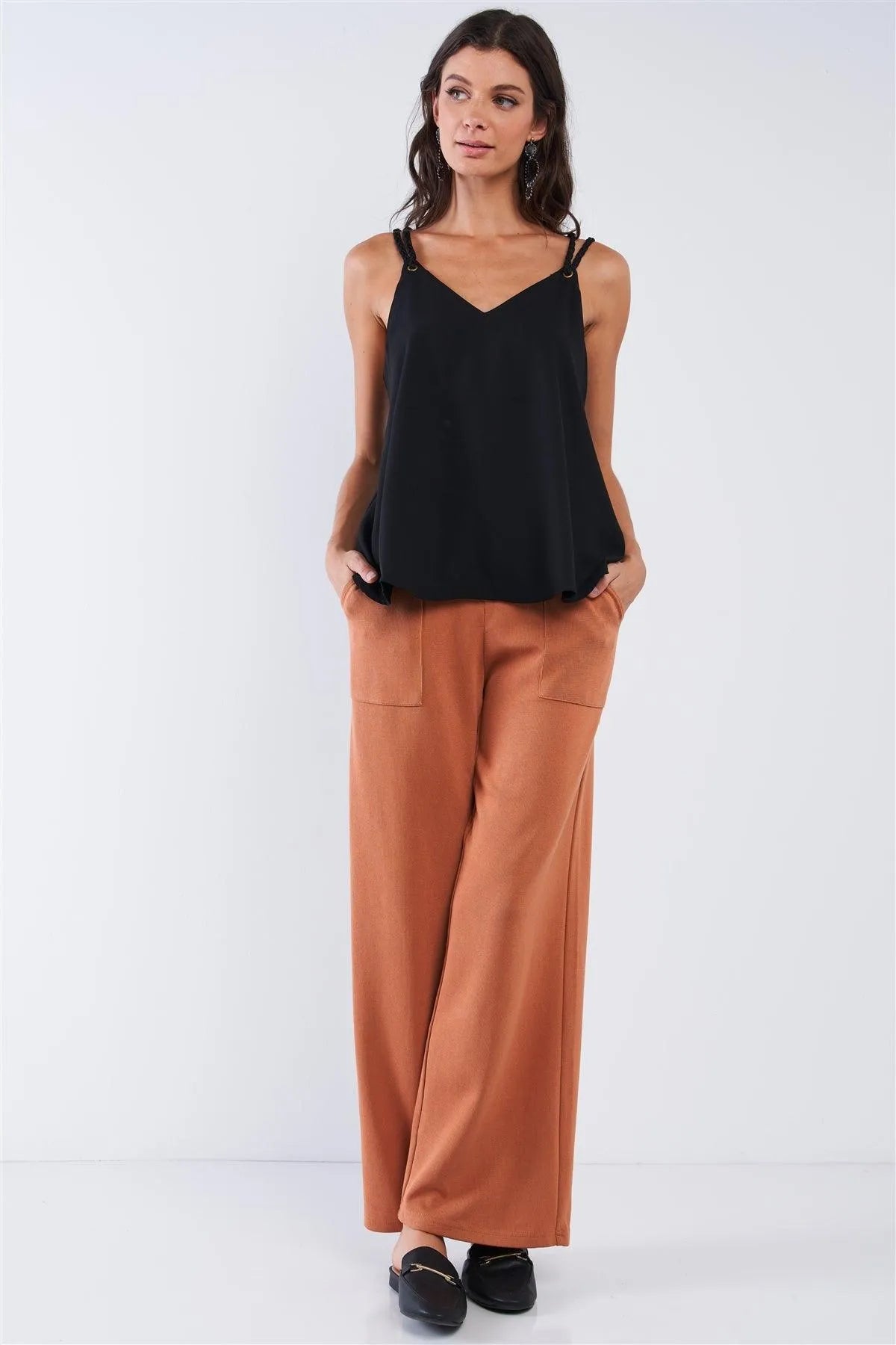 Solid Black Loose Fit Braided V-Neck Tassel Strap Cami Top - Tasha Apparel Wholesale