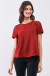 Rust Red Faux Suede Short Sleeve Round Neck Cross Stitching Detail Relaxed Top