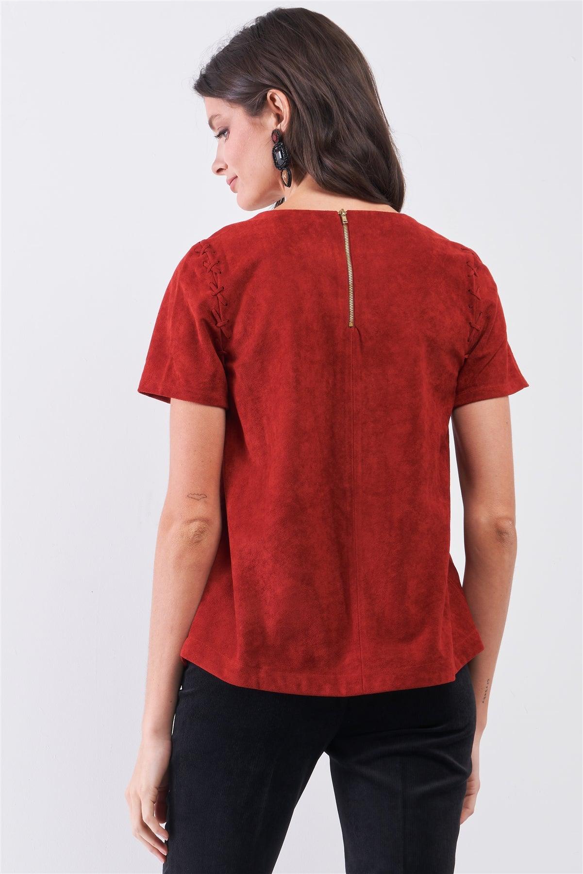 Rust Red Faux Suede Short Sleeve Round Neck Cross Stitching Detail Relaxed Top