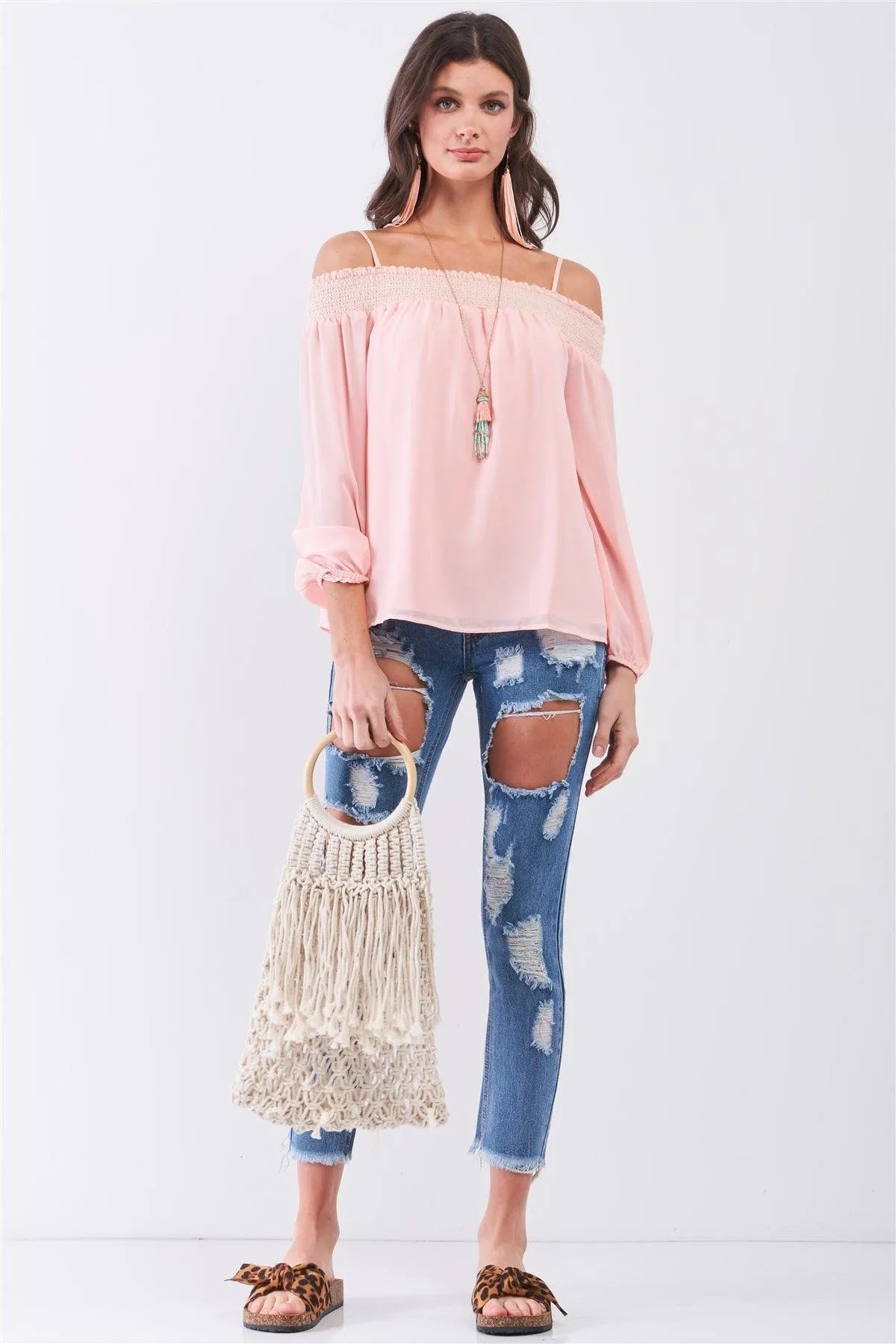 Blush Long Sleeve Smocked Off-The-Shoulder Chiffon Top - Tasha Apparel Wholesale