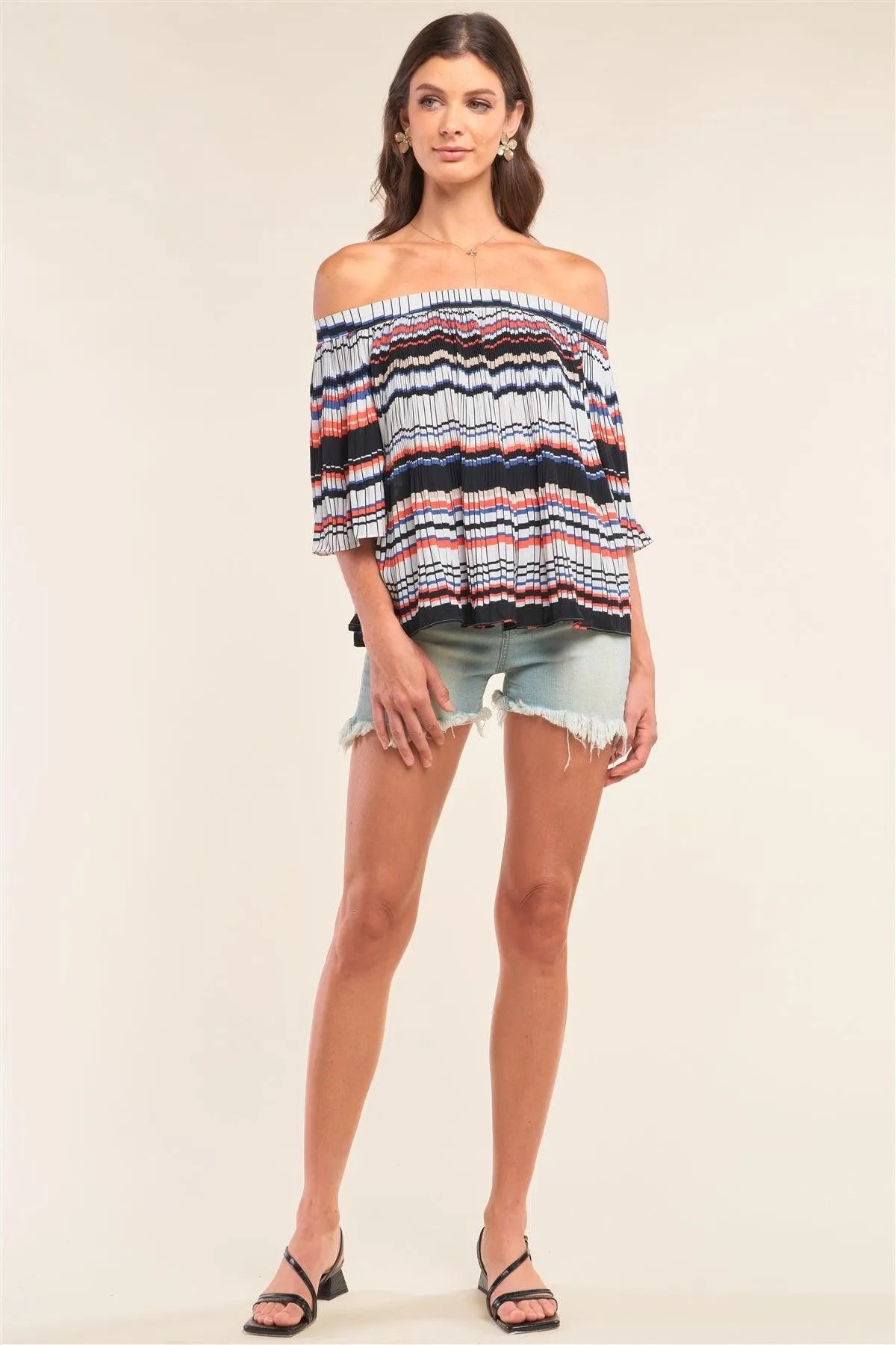 Multicolor Striped Pleated Off-The-Shoulder Midi Sleeve Loose Fit Top /1-2-2-1 - Tasha Apparel Wholesale