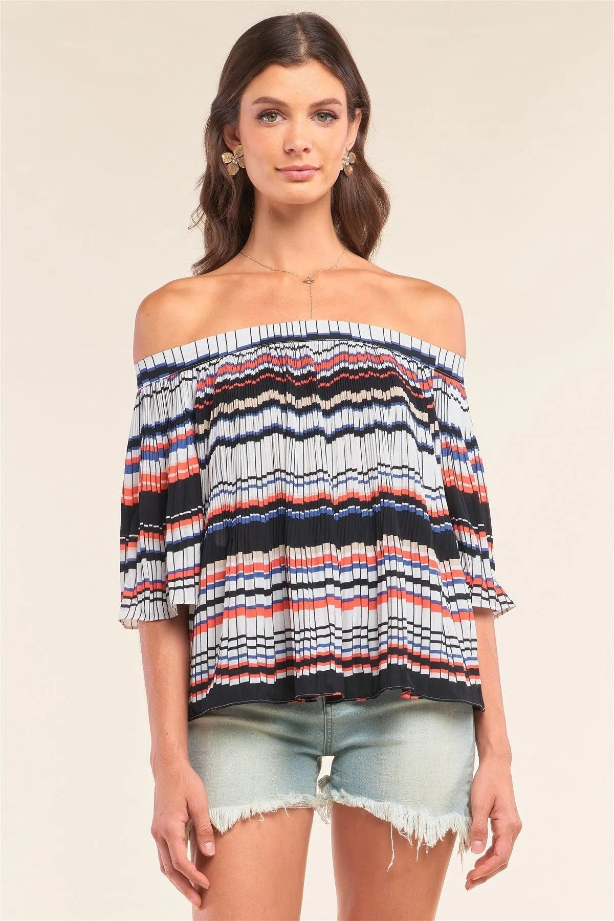 Multicolor Striped Pleated Off-The-Shoulder Midi Sleeve Loose Fit Top /3-3 - Tasha Apparel Wholesale