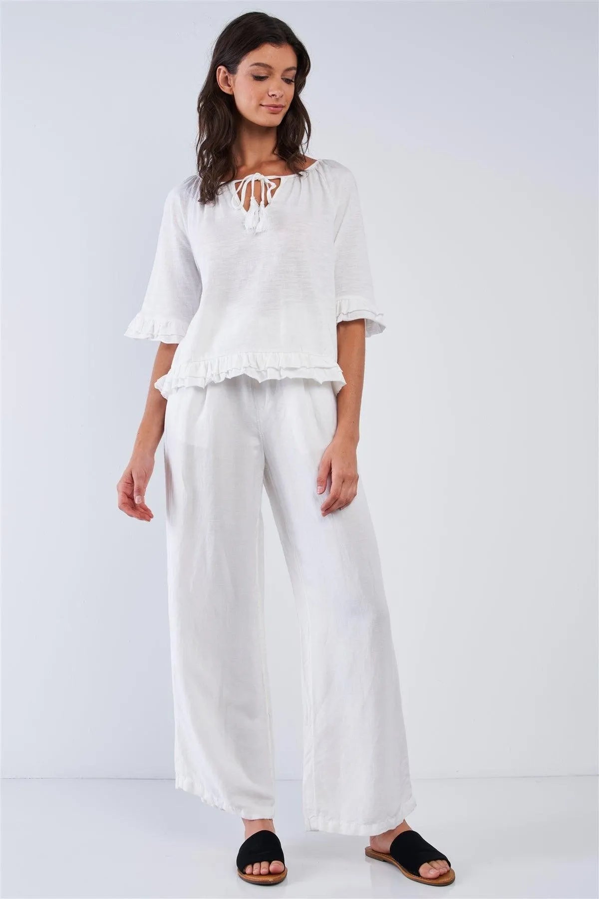 Solid White Cotton Loose Fit Mid Sleeve Ruffle Hem Country Style Peasant Top /1-2-2-1 - Tasha Apparel Wholesale