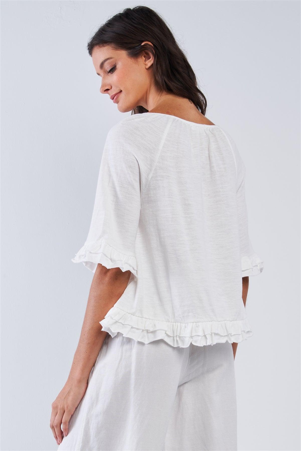 Solid White Cotton Loose Fit Mid Sleeve Ruffle Hem Country Style Peasant Top