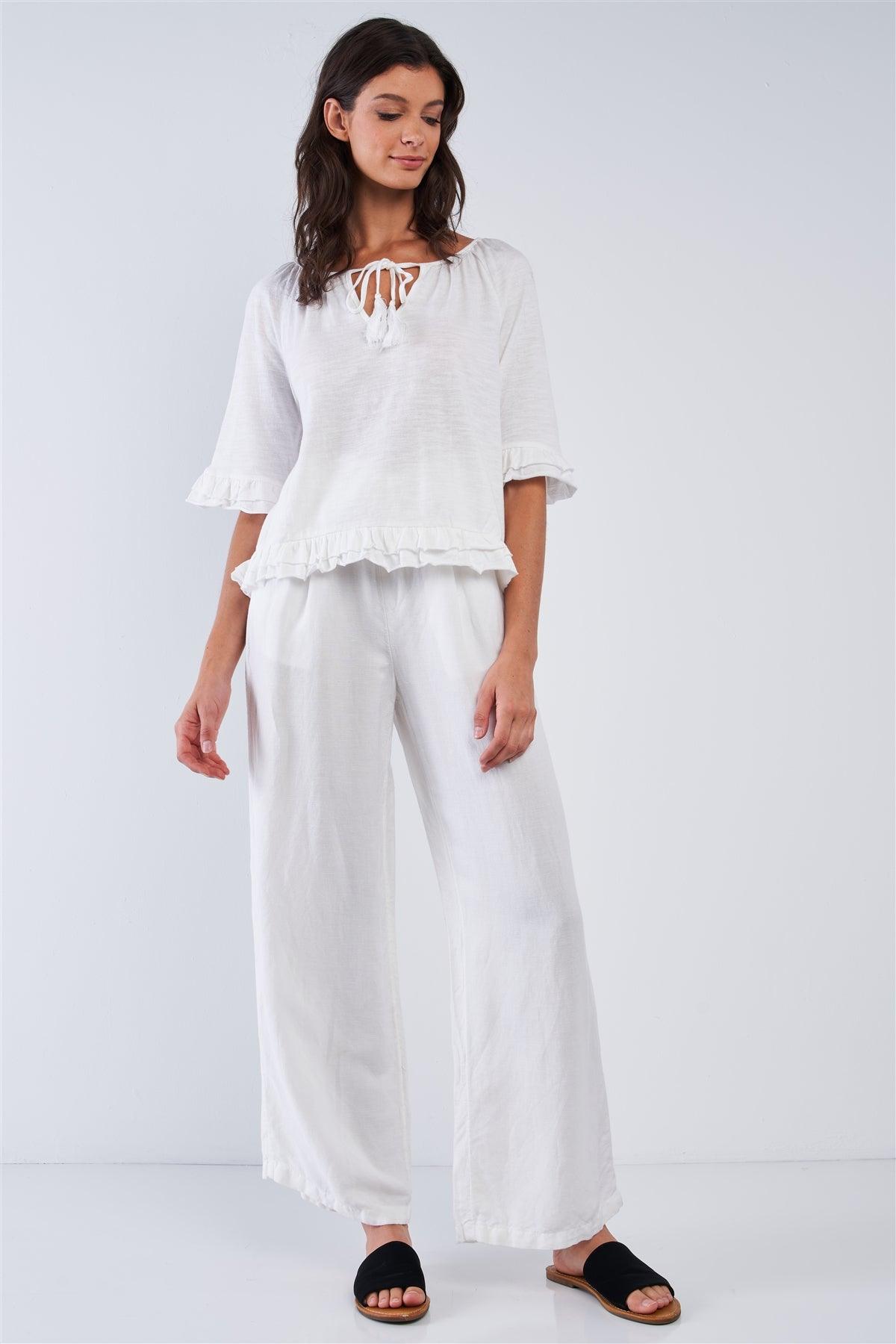 Solid White Cotton Loose Fit Mid Sleeve Ruffle Hem Country Style Peasant Top
