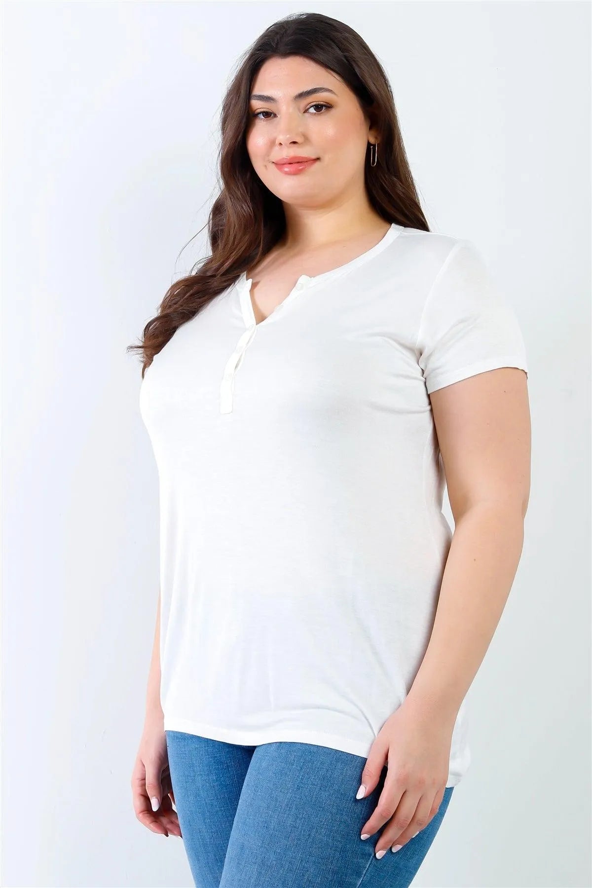Junior Plus Off-White Short Sleeve Henley T-Shirt Top /2-2-2 - Tasha Apparel Wholesale