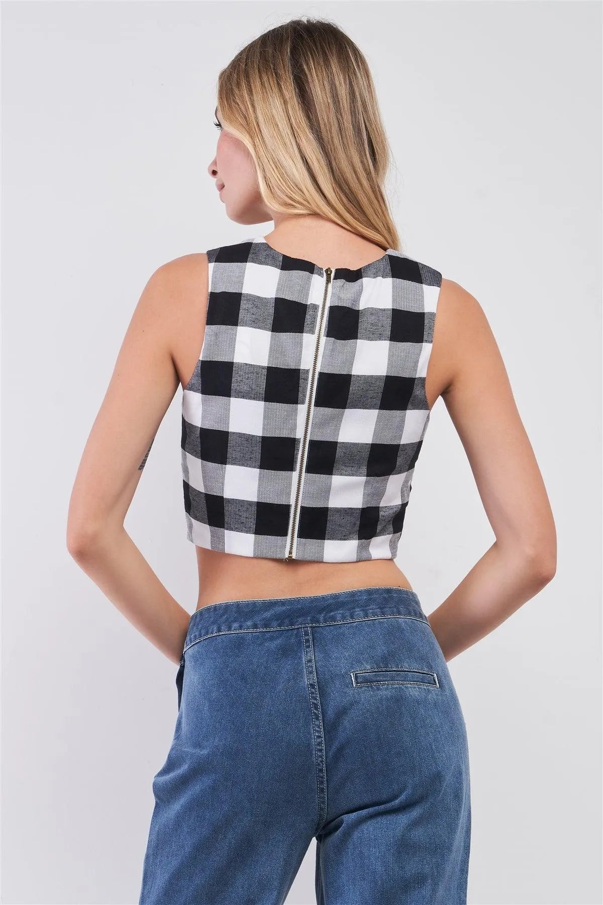 Black & White Buffalo Plaid Sleeveless Crew Neck Tie Front Cropped Top /1-1-1-1-1 - Tasha Apparel Wholesale
