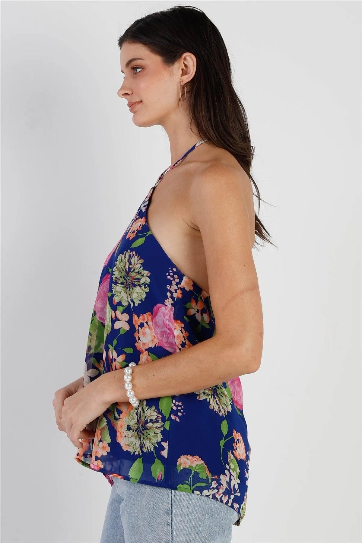 Cobalt Multi Color Floral Print Tie Halter Neck Backless Top /1-2-2-1 - Tasha Apparel Wholesale