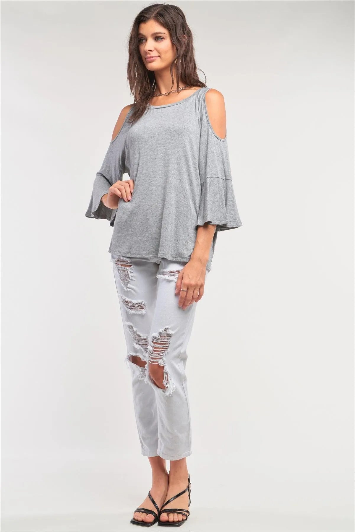 Grey Cut-Out Shoulder Midi Sleeve Relaxed Fit Crew Neck Top /1-2-2-1 - Tasha Apparel Wholesale