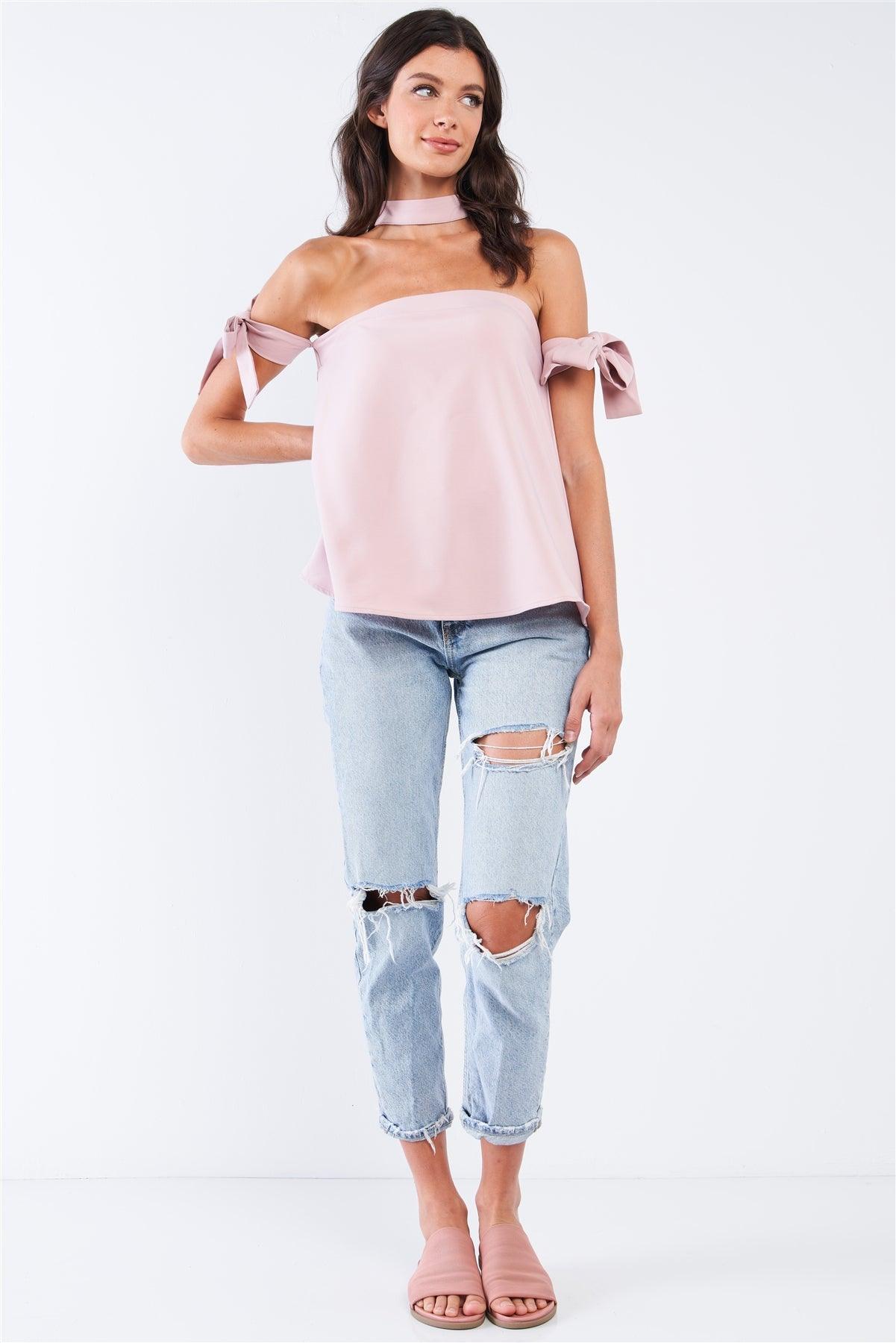 Mauve Pink Casual Bow Tie T-Silhouette Back Halter Tie Ribbon Sleeve Relaxed Fit Tunic Tube Top With Elastic Chest Hem