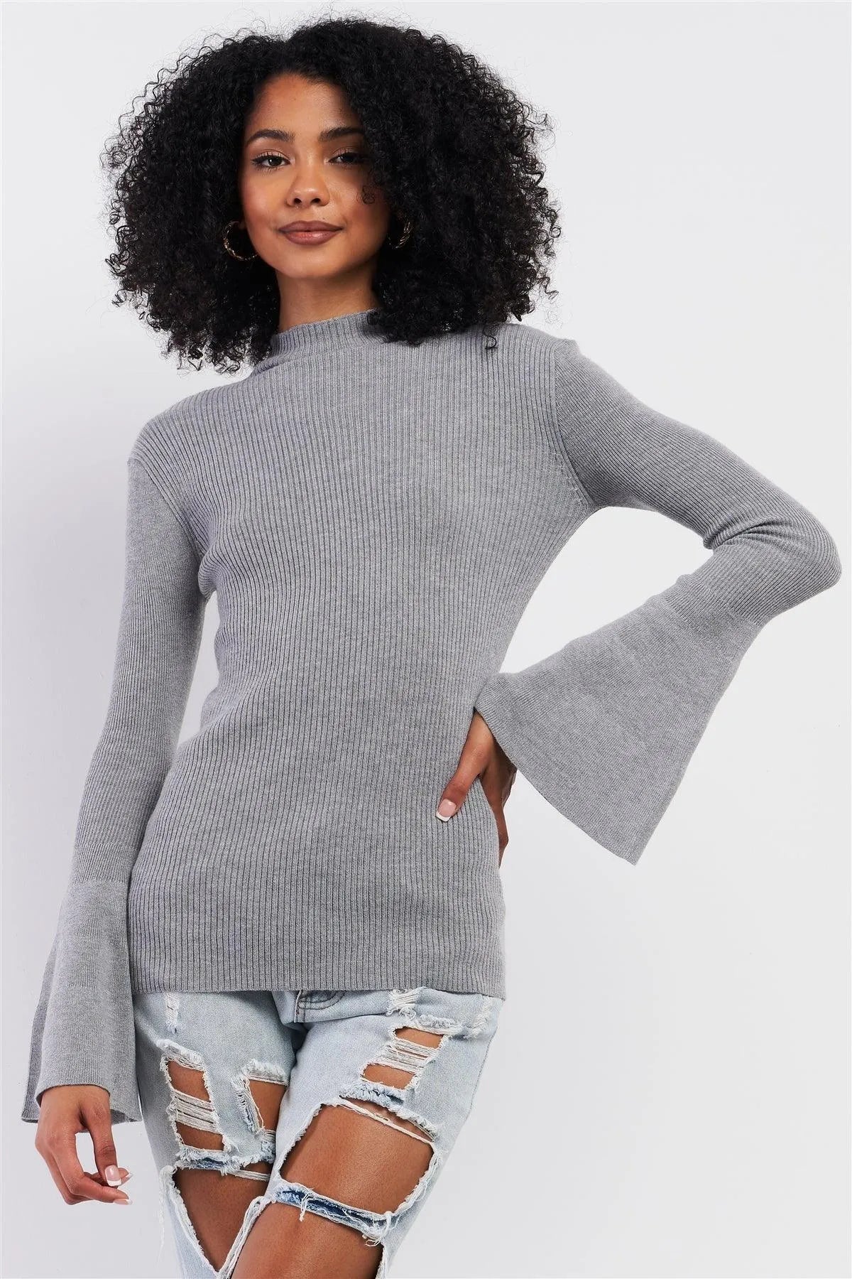 Grey Ribbed Semi-Turtleneck Long Trumpet Sleeve Fitted Sweater /2-3 - Tasha Apparel Wholesale