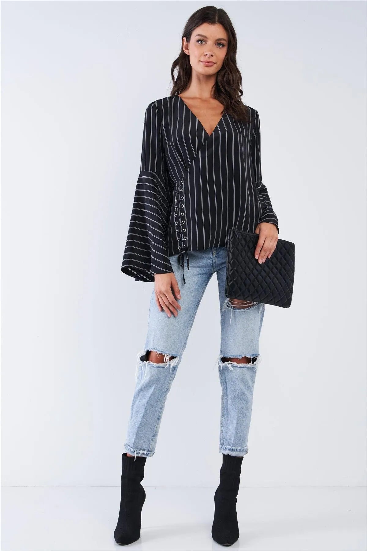 Black V-Neck Wrap Loose Fit White Horizontal Double Stripe Bellflower Long Sleeve Front Cross Threading Corset Detail Top /1-3-2-1 - Tasha Apparel Wholesale