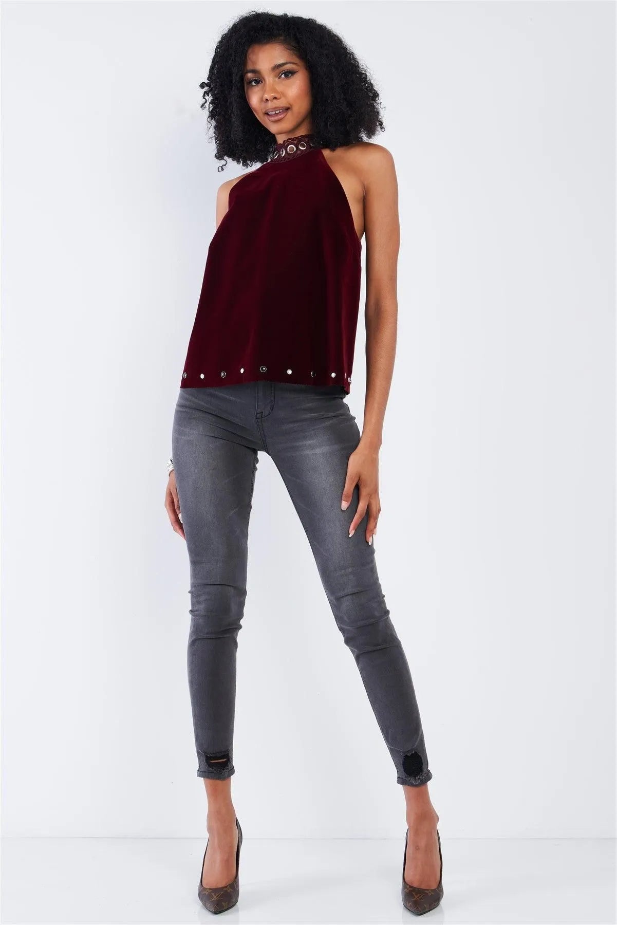 Lovely Merlot Red Velvet Sleeveless Lace & Hardware Detail Halter Babydoll Top - Tasha Apparel Wholesale