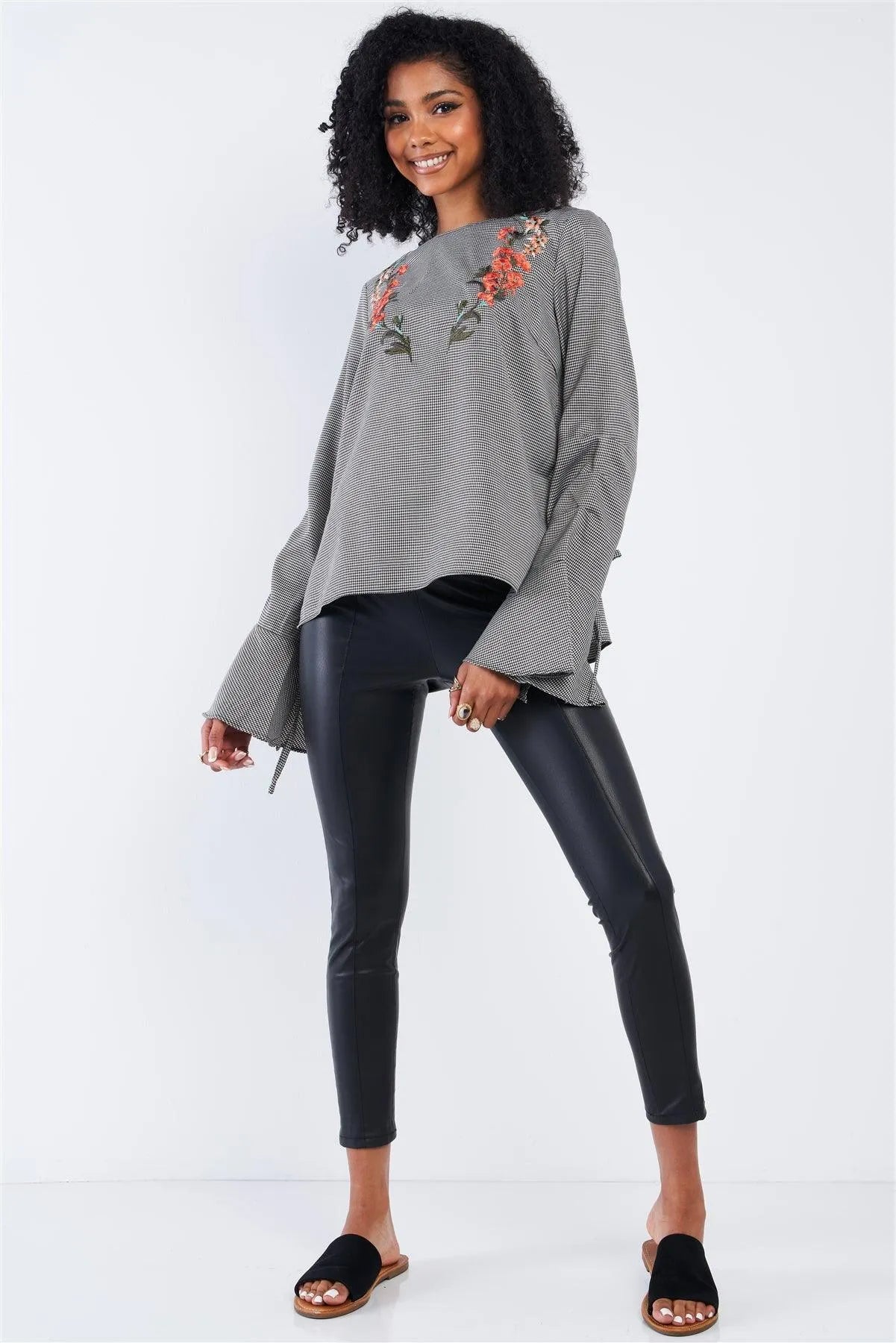 Black & White Mini Houndstooth Print Floral Embroidered Long Flutter Hem Sleeve Blouse Top - Tasha Apparel Wholesale