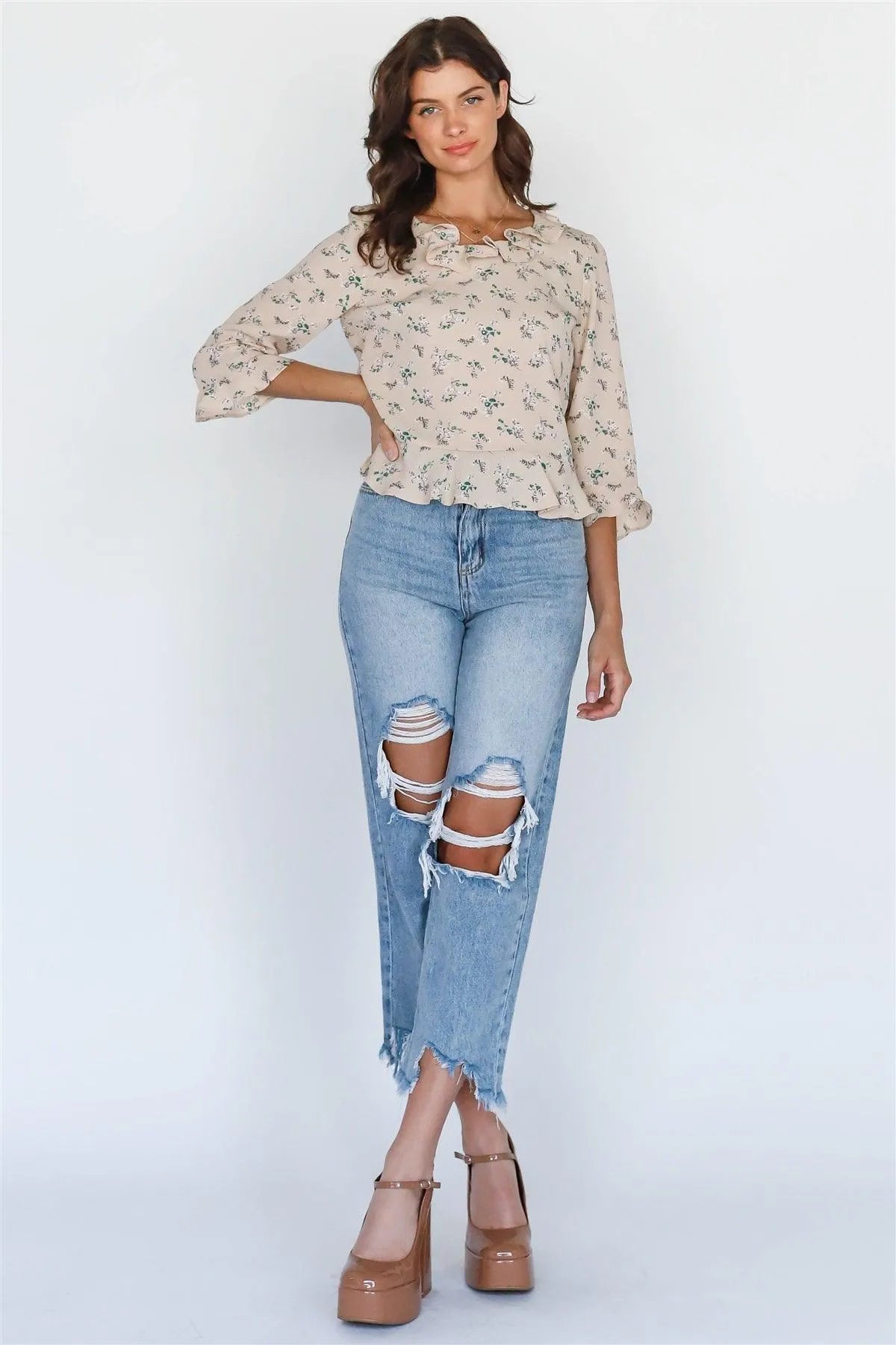 Tan Multi Color Floral Print Ruffled Round Neck Midi Sleeve Top /2-1-1 - Tasha Apparel Wholesale