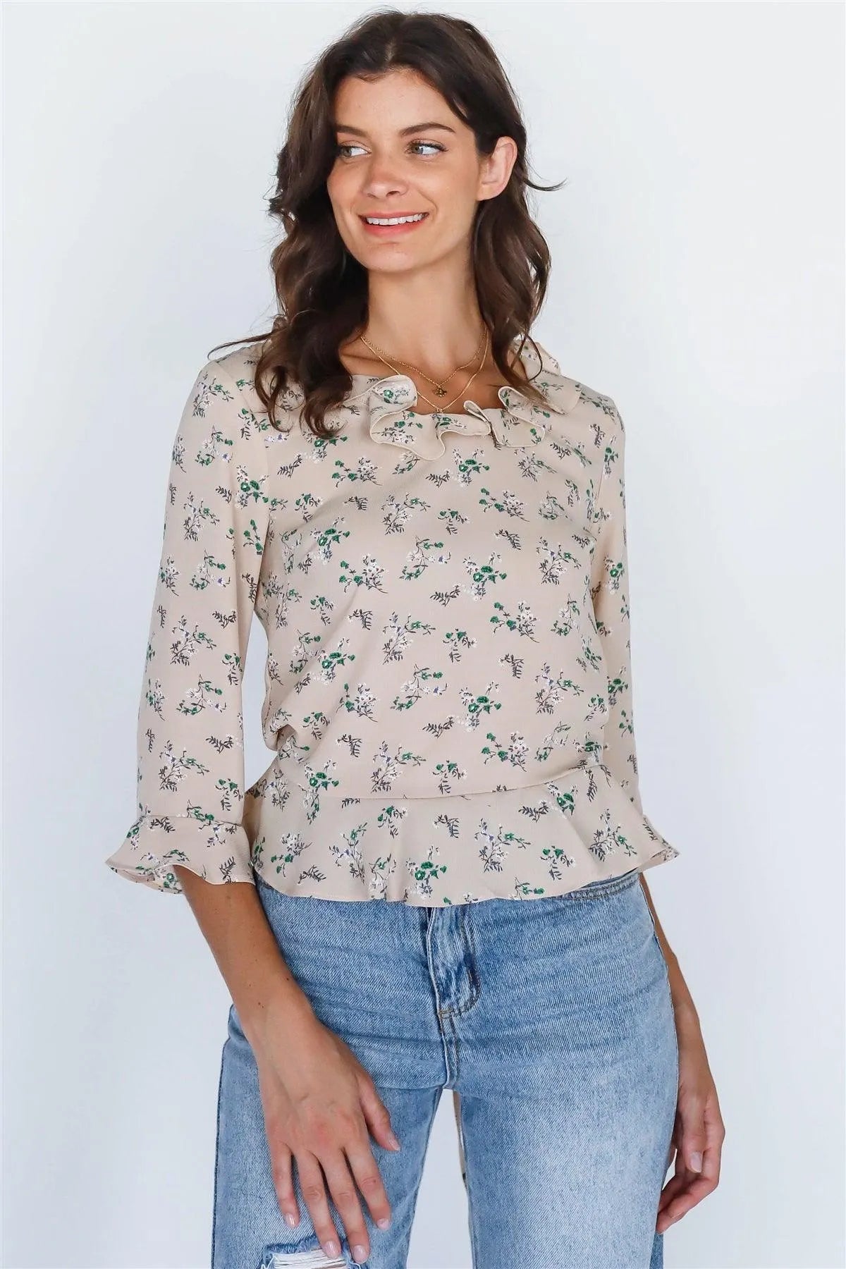 Tan Multi Color Floral Print Ruffled Round Neck Midi Sleeve Top/2-3 - Tasha Apparel Wholesale