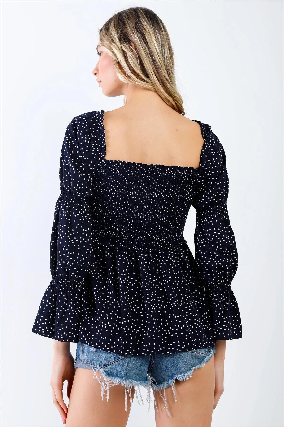 Navy Long Sleeve Polka Dot Smocked Peasant Top - Tasha Apparel Wholesale