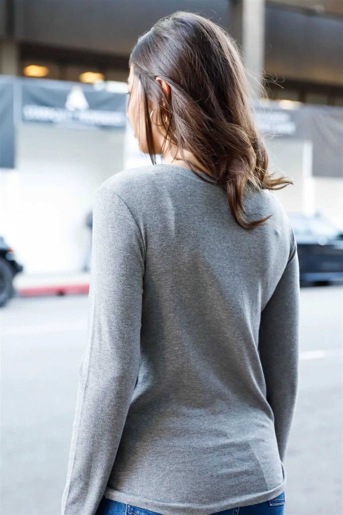 Grey Ribbed Twist Front Detail Long Sleeve Top /1-2-2-1 - Tasha Apparel Wholesale