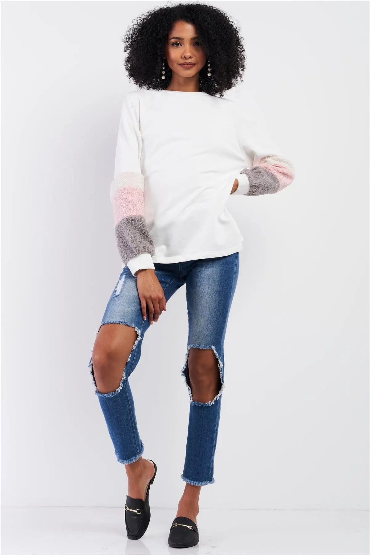 White Multi Color Faux Shearling Detail Long Sleeve Sweater /1-2-2-1 - Tasha Apparel Wholesale
