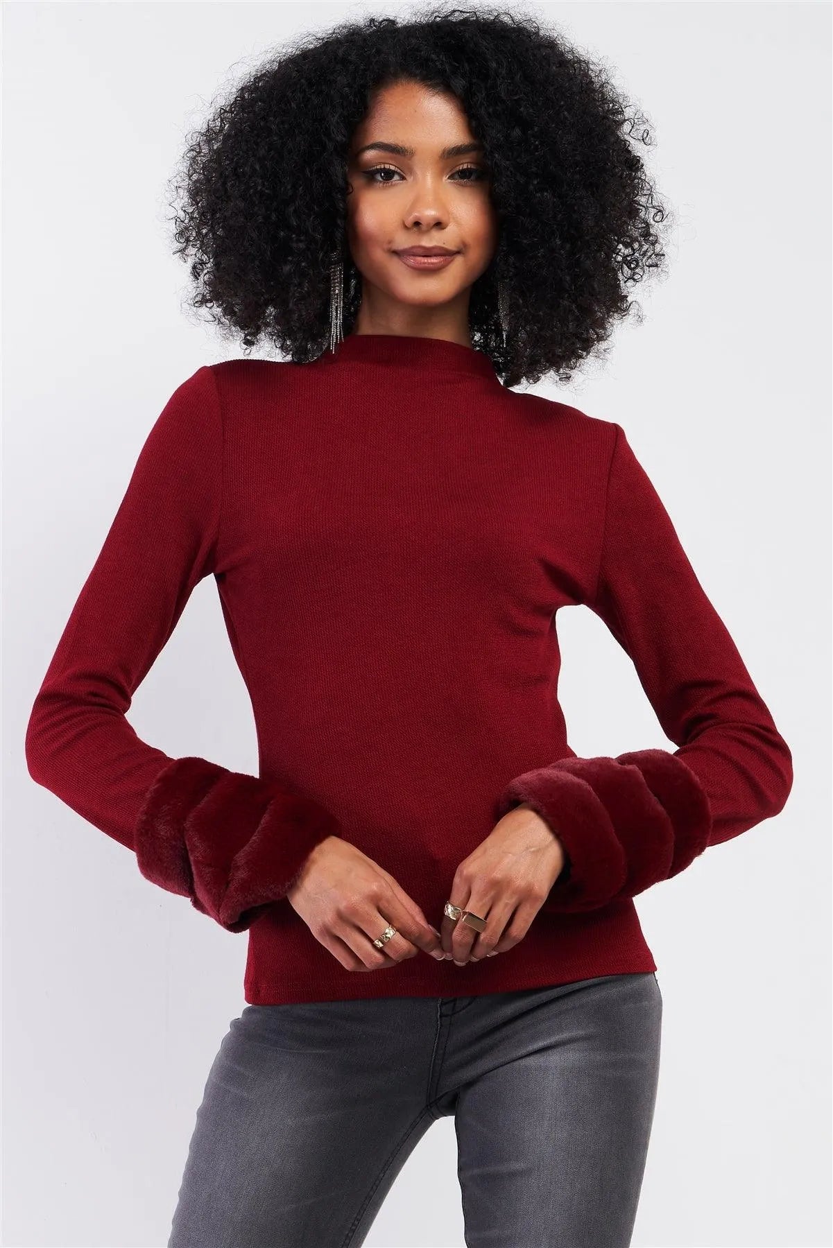 Burgundy Ribbed Long Faux Mink Fur Detachable Muff Inspired Detail Sleeve Semi-Turtleneck Sweater /1-1-1-1-1 - Tasha Apparel Wholesale