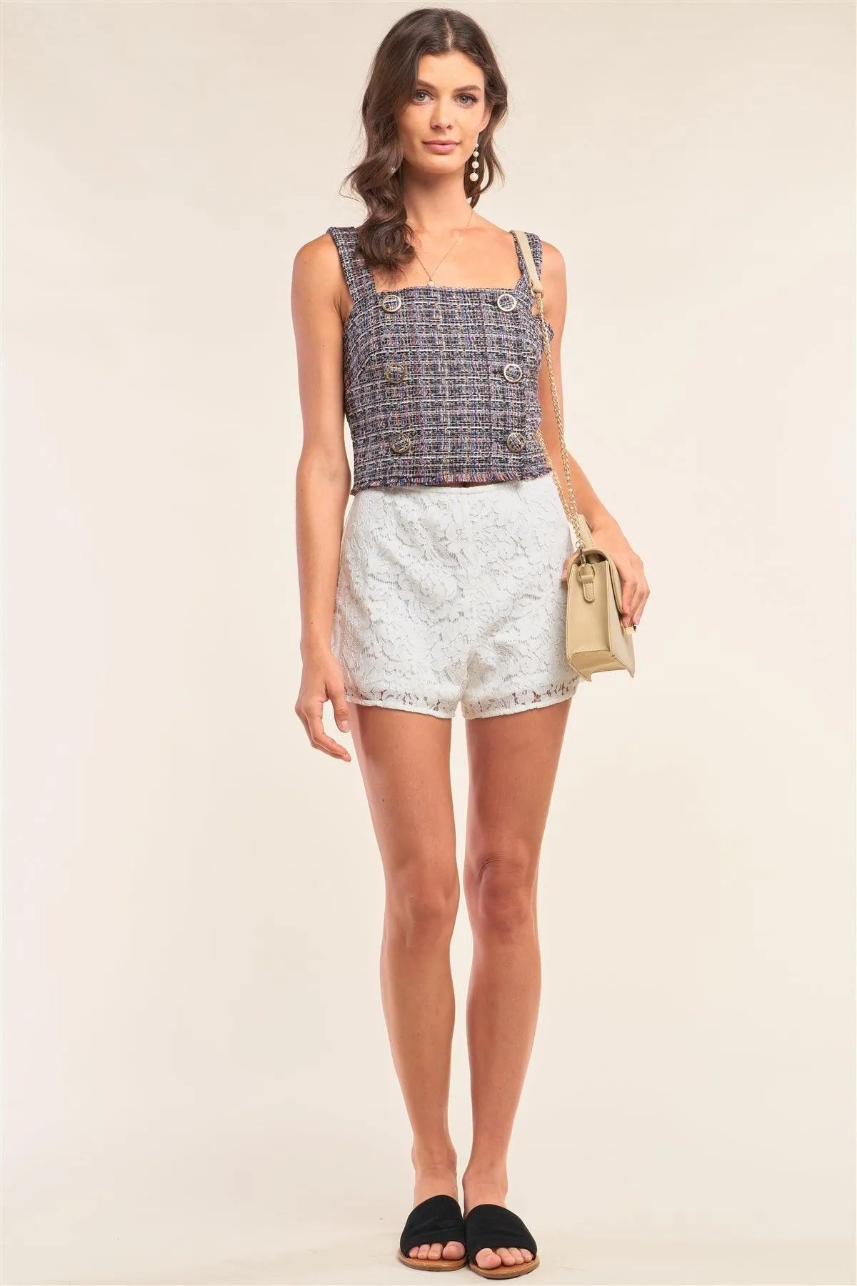 Multicolor Sleeveless Plaid Square Neck Buttoned Trim Cropped Top /1-2-2 - Tasha Apparel Wholesale