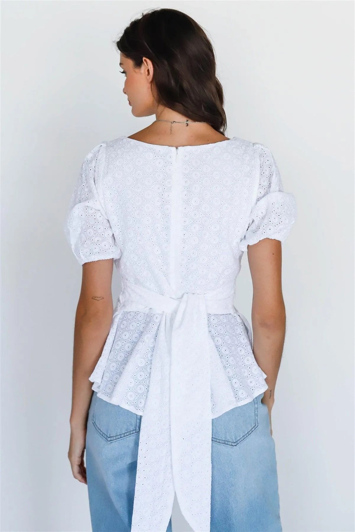 White Embroidered Balloon Short Sleeve Back Tie Top - Tasha Apparel Wholesale