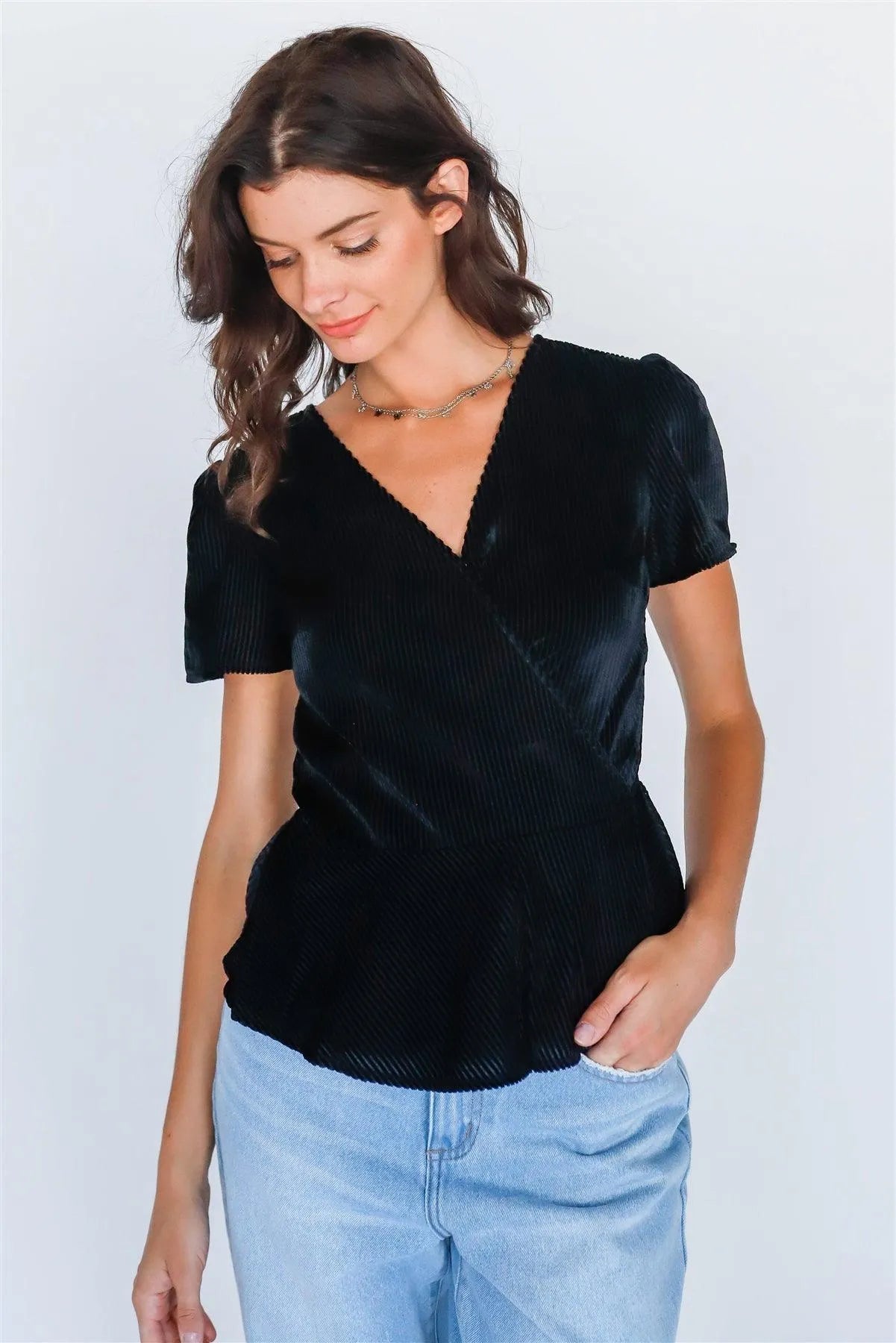 Black Velvet Wrap V-Neck Self Tie Short Sleeve Top /1-2-2-1 - Tasha Apparel Wholesale