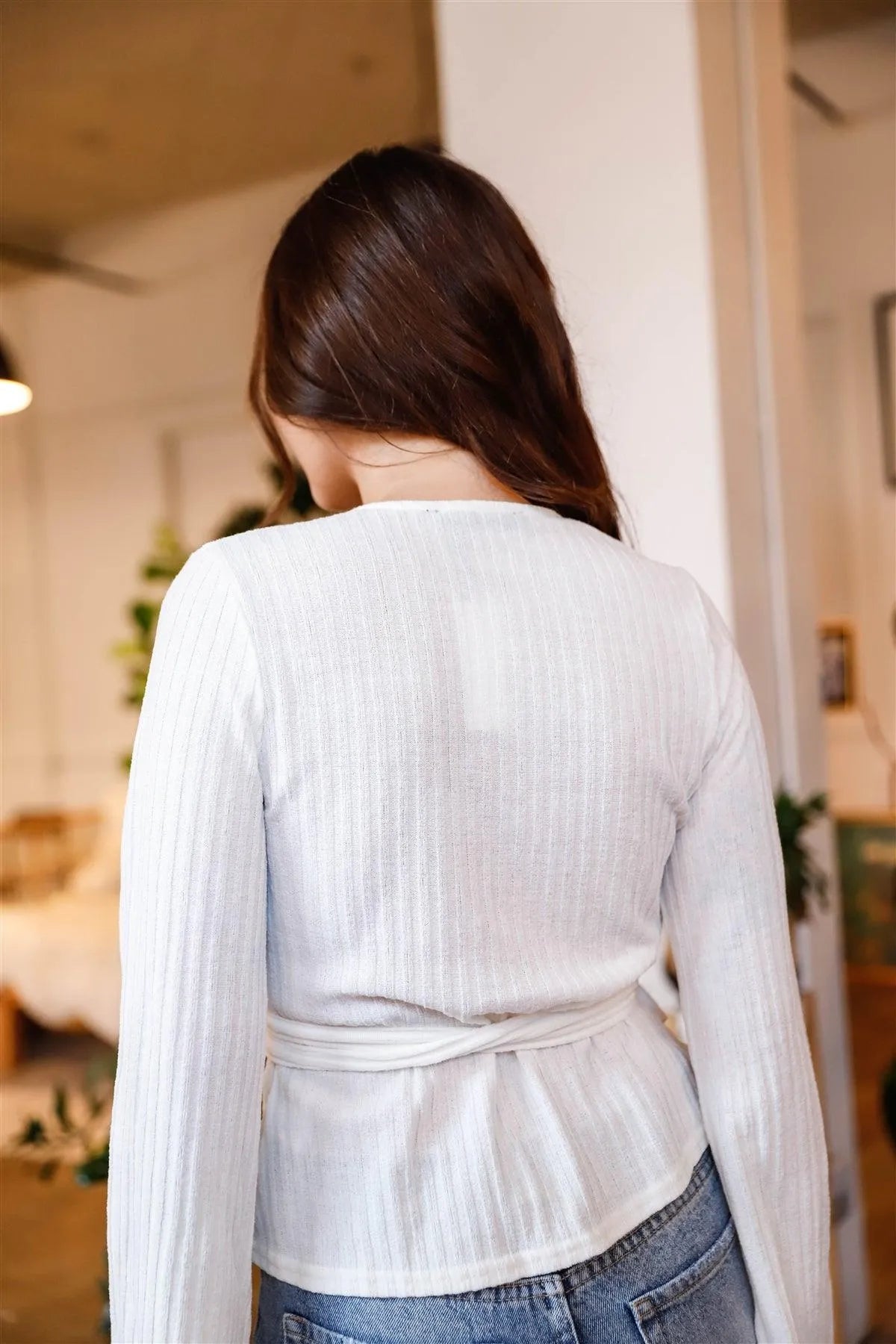 White Ribbed Long Kimono Sleeve Wrap Top /2-2-1 - Tasha Apparel Wholesale