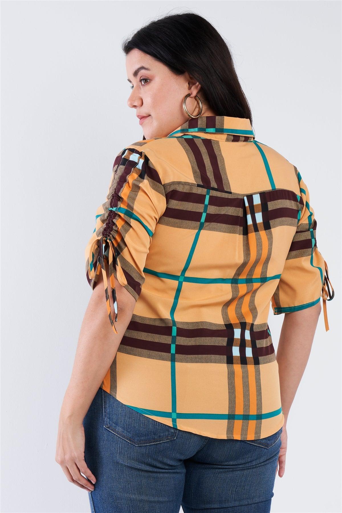 Junior Plus Size Mustard Yellow Plaid Multi Stripe Cinched Sleeve Button Down Top
