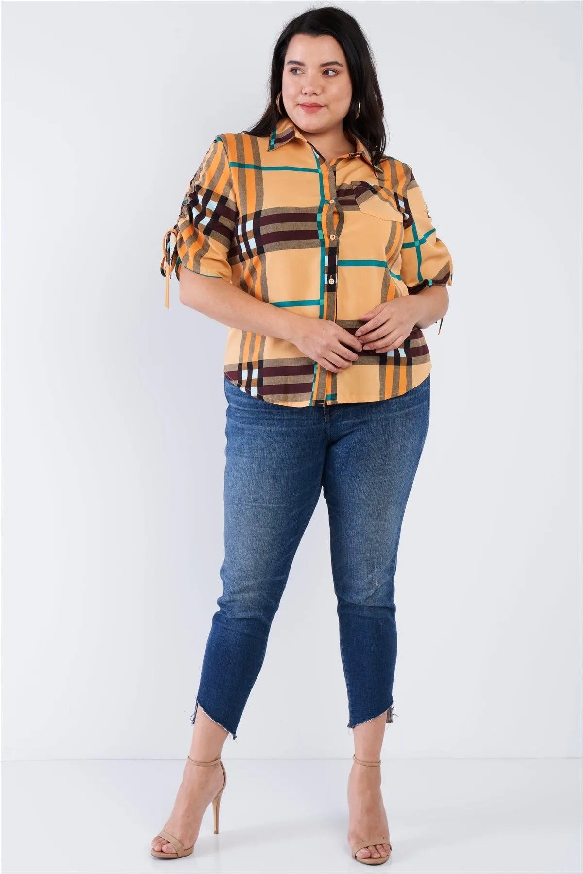 Junior Plus Size Mustard Yellow Plaid Multi Stripe Cinched Sleeve Button Down Top /1-3-2 - Tasha Apparel Wholesale
