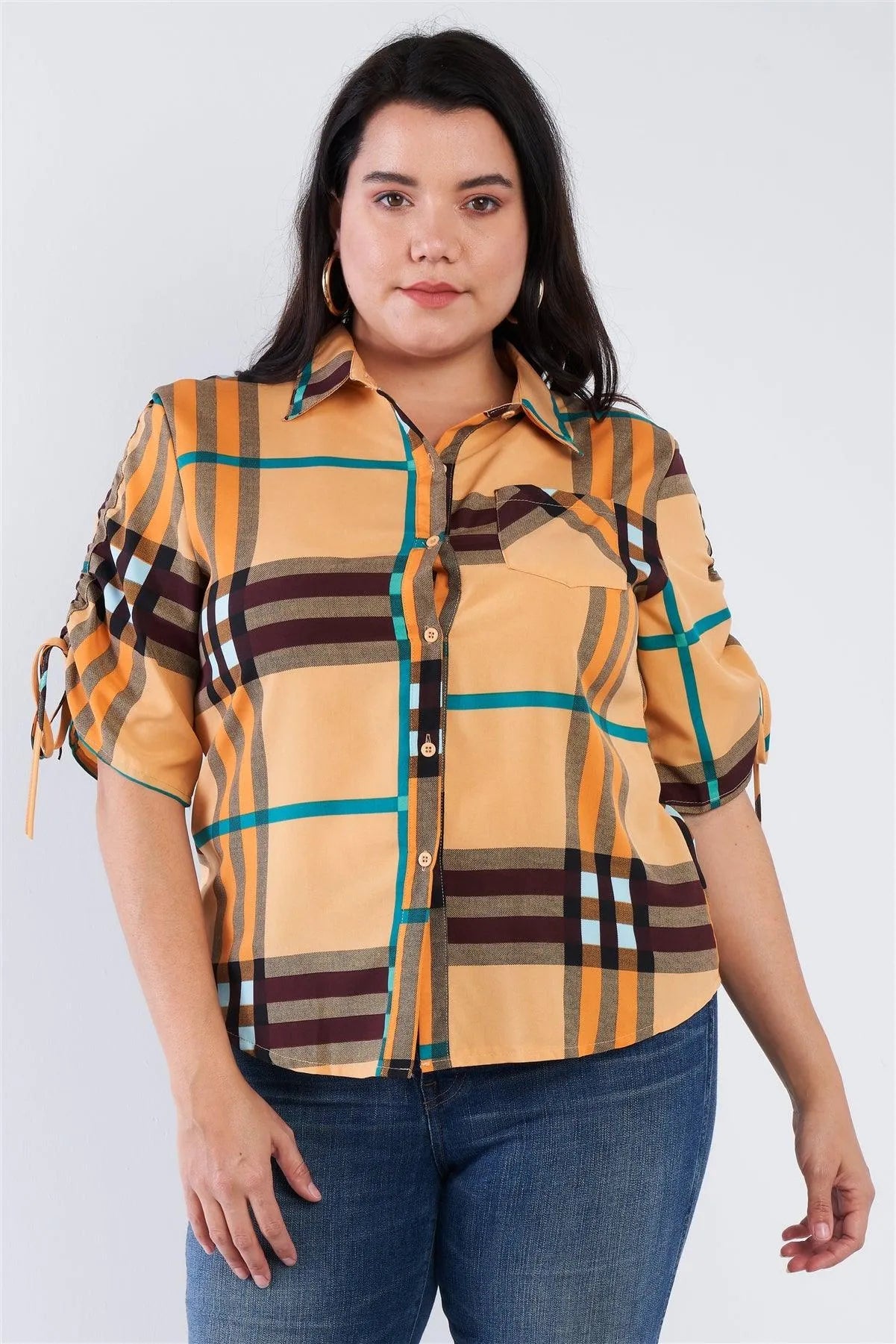Junior Plus Size Mustard Yellow Plaid Multi Stripe Cinched Sleeve Button Down Top /2-3-2 - Tasha Apparel Wholesale