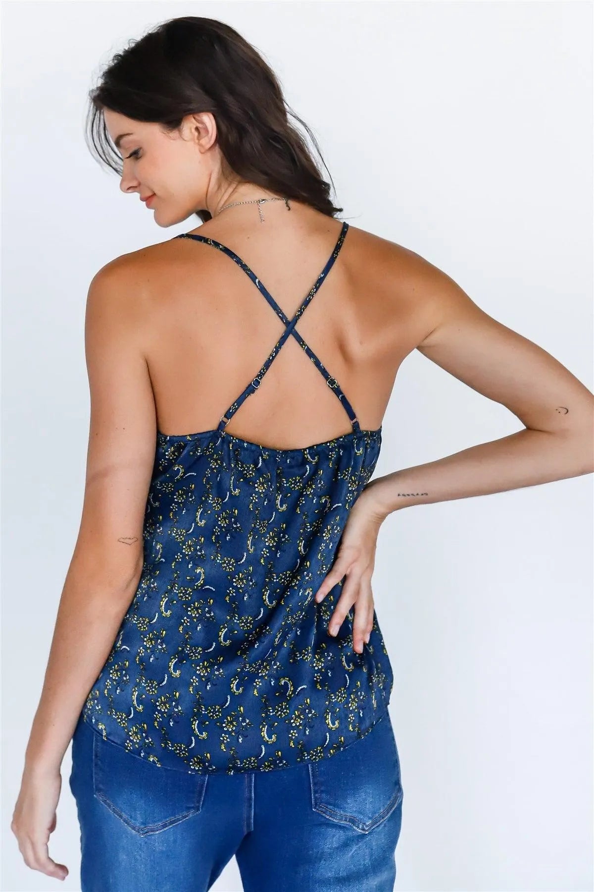 Blue Multi Floral Print Wrap V-Neck Sleeveless Top /1-2-2-1 - Tasha Apparel Wholesale