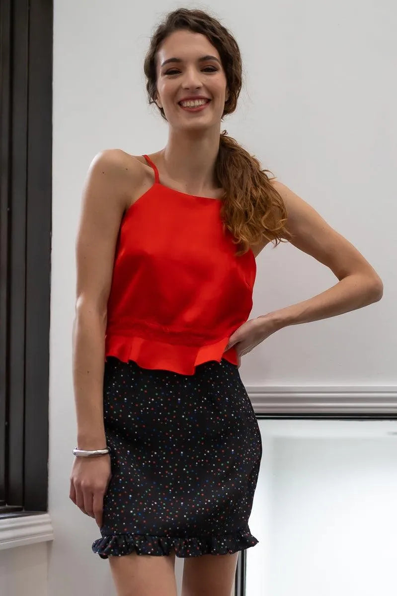 Red Satin Effect Lace Hem Detail Back Cut-Out Sleeveless Top /1-2-2-1 - Tasha Apparel Wholesale