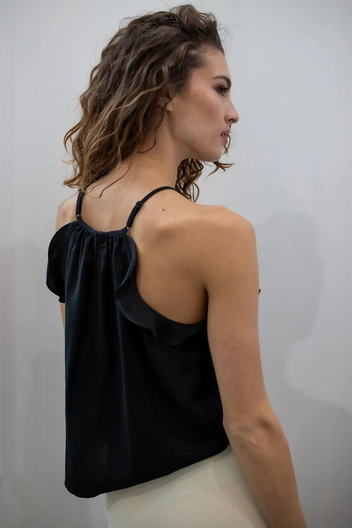 Black Ruffle Side Detail Sleeveless Top /1-2-2-1 - Tasha Apparel Wholesale