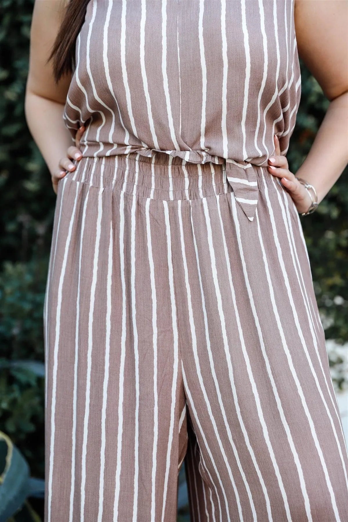 Taupe Striped Front Self-Tie Sleeveless Top & Stripped Smock Waist Wide Leg Pant Set /3 - Tasha Apparel Wholesale
