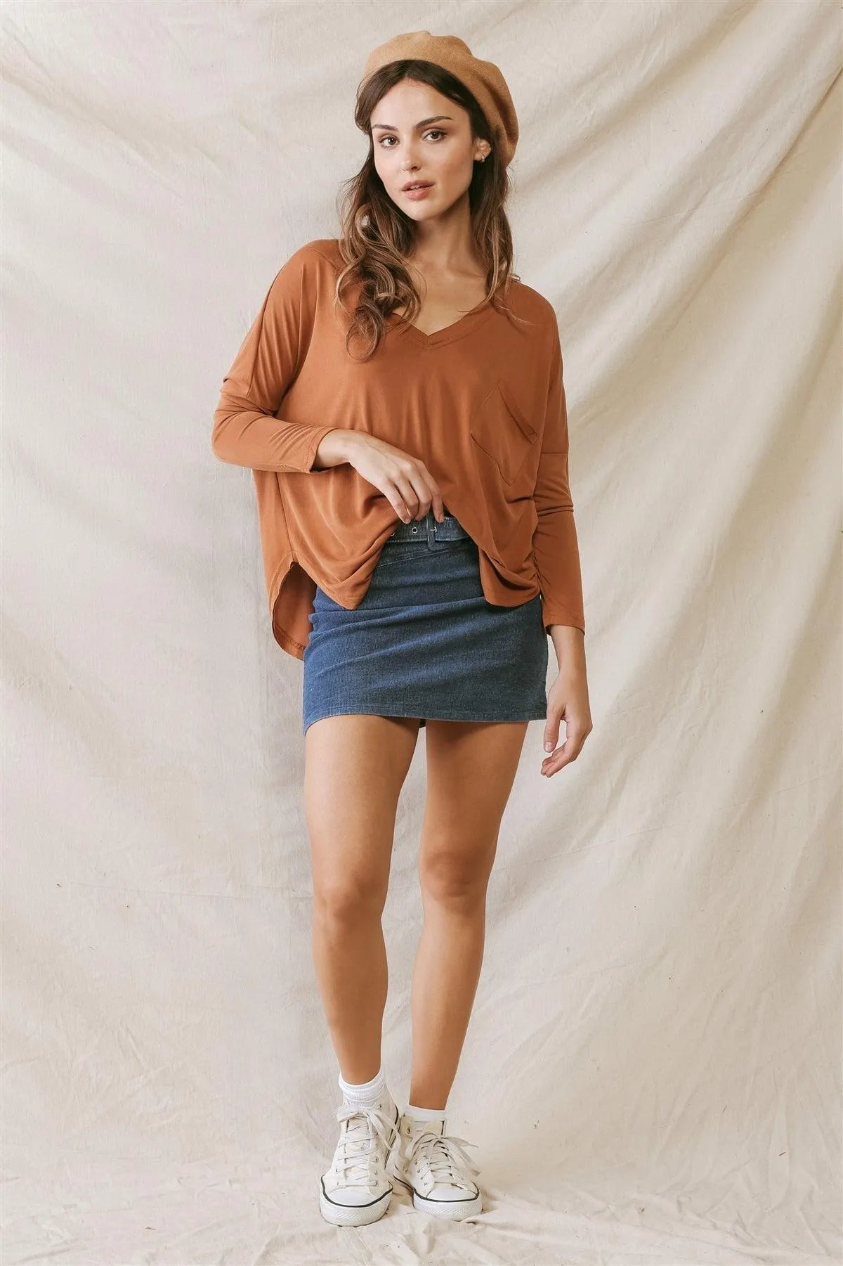 Amber Trim Detail Pocket Front Long Sleeve Relax Top /1-3-2 - Tasha Apparel Wholesale