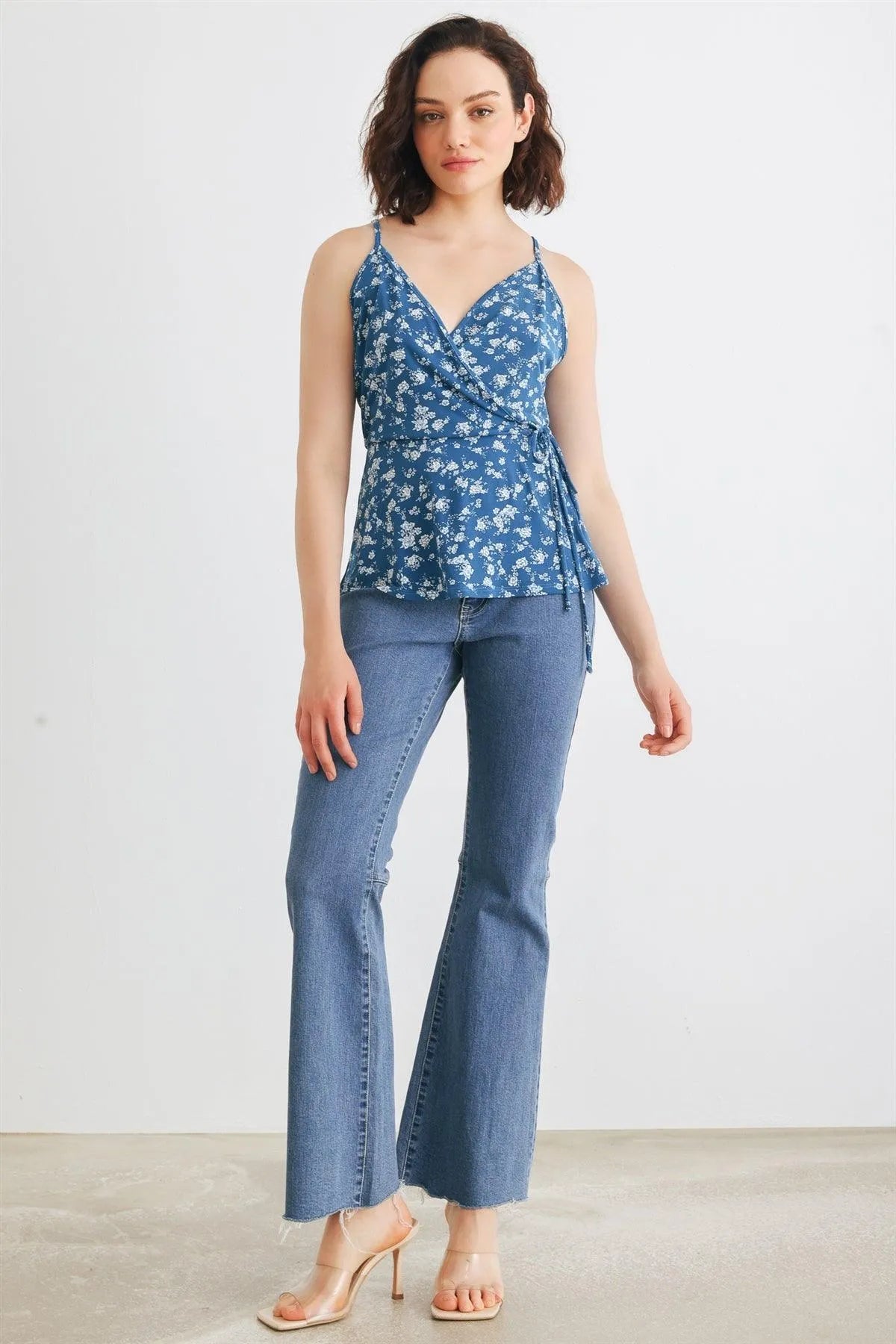 Denim & White Floral Sleeveless Wrap Tie Neck Top /2-2-2 - Tasha Apparel Wholesale