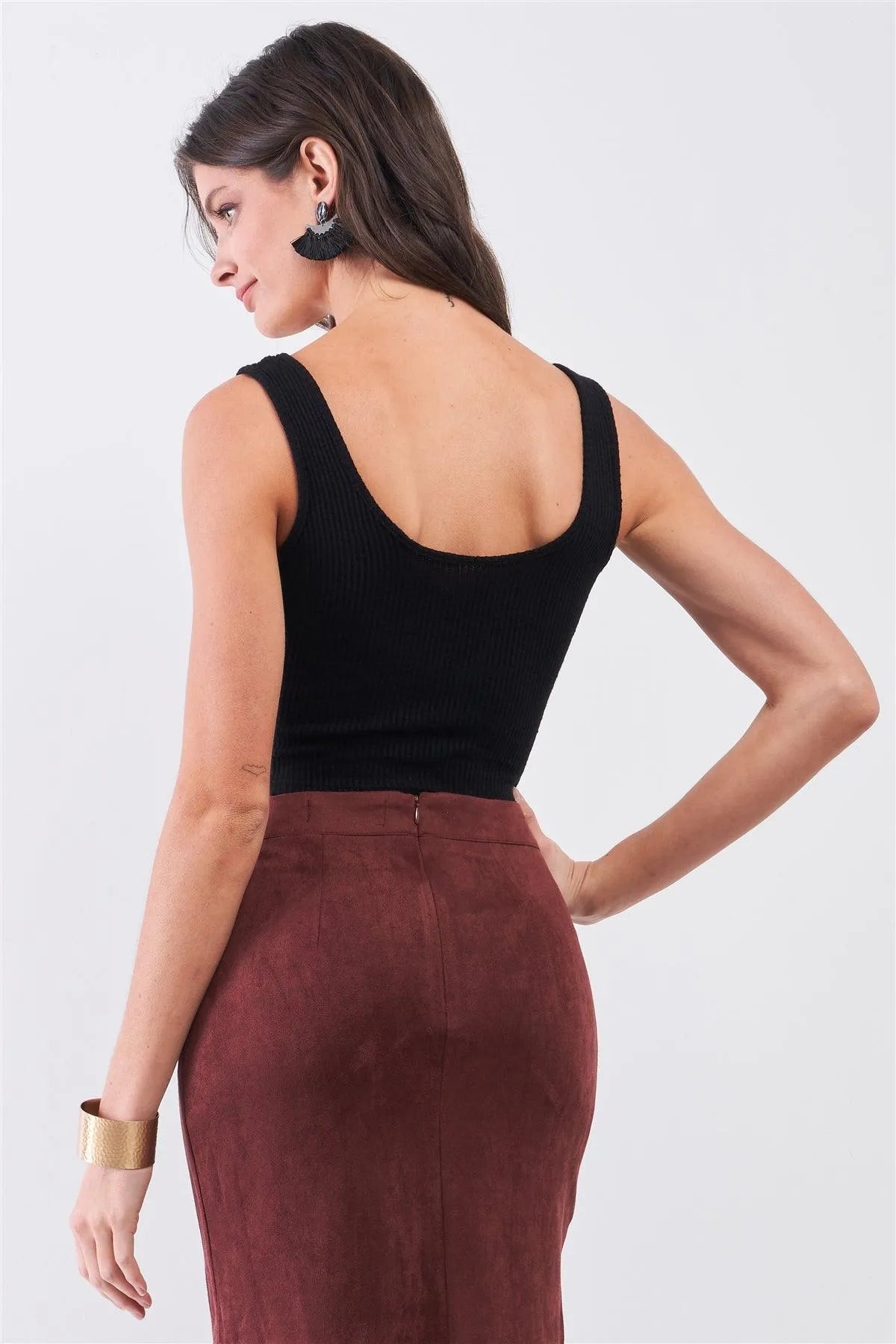 Black Rib Round Neck Sleeveless Front Snap Button Down Crop Tank Top /1-3-2 - Tasha Apparel Wholesale