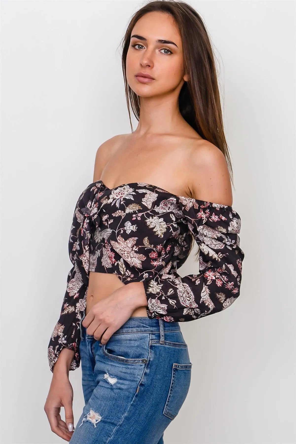 Floral Brown Off The Shoulder Crop Top /3-2-1 - Tasha Apparel Wholesale