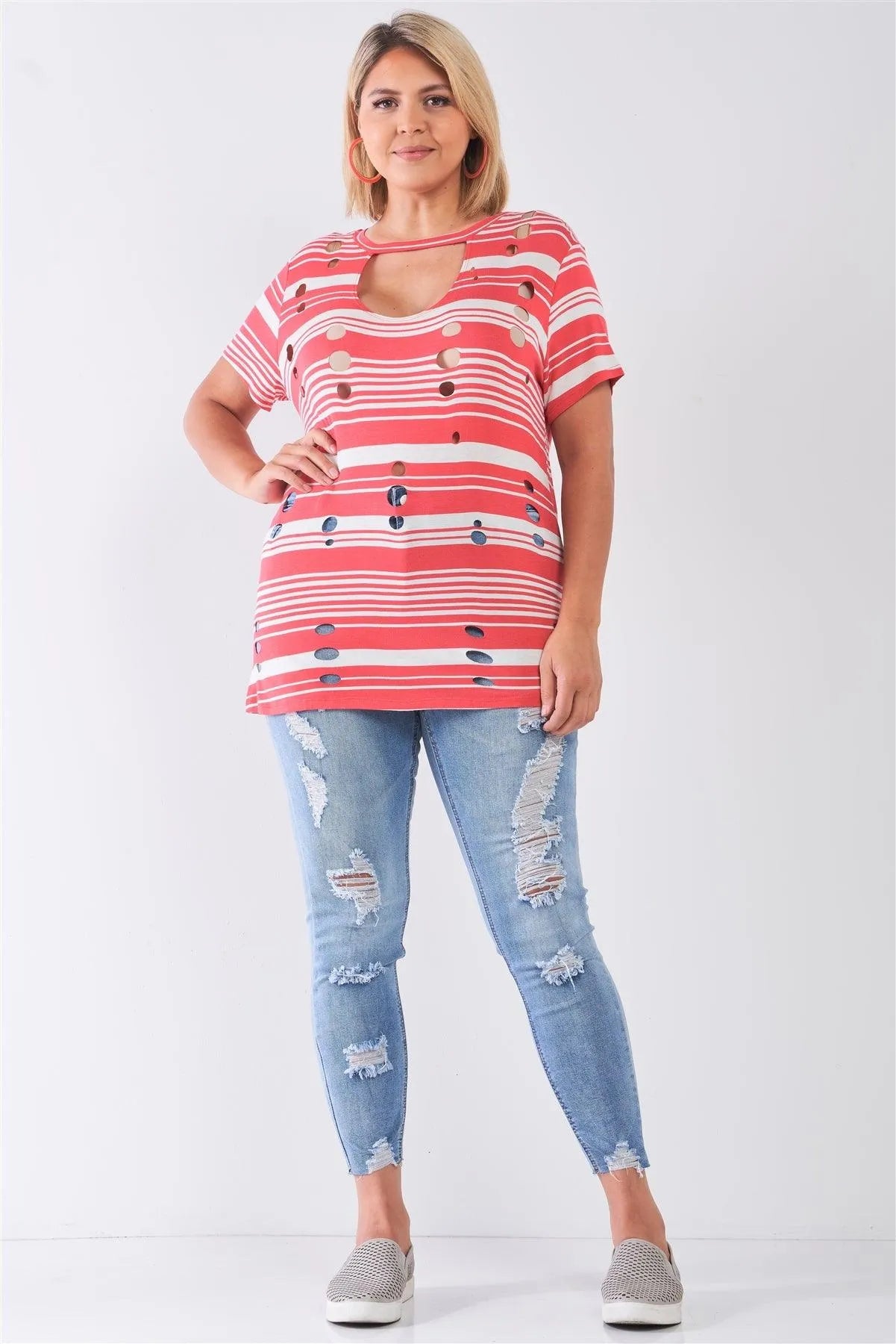 Junior Plus Coral Striped and Distressed Cut-Out Top /2-2-2 - Tasha Apparel Wholesale